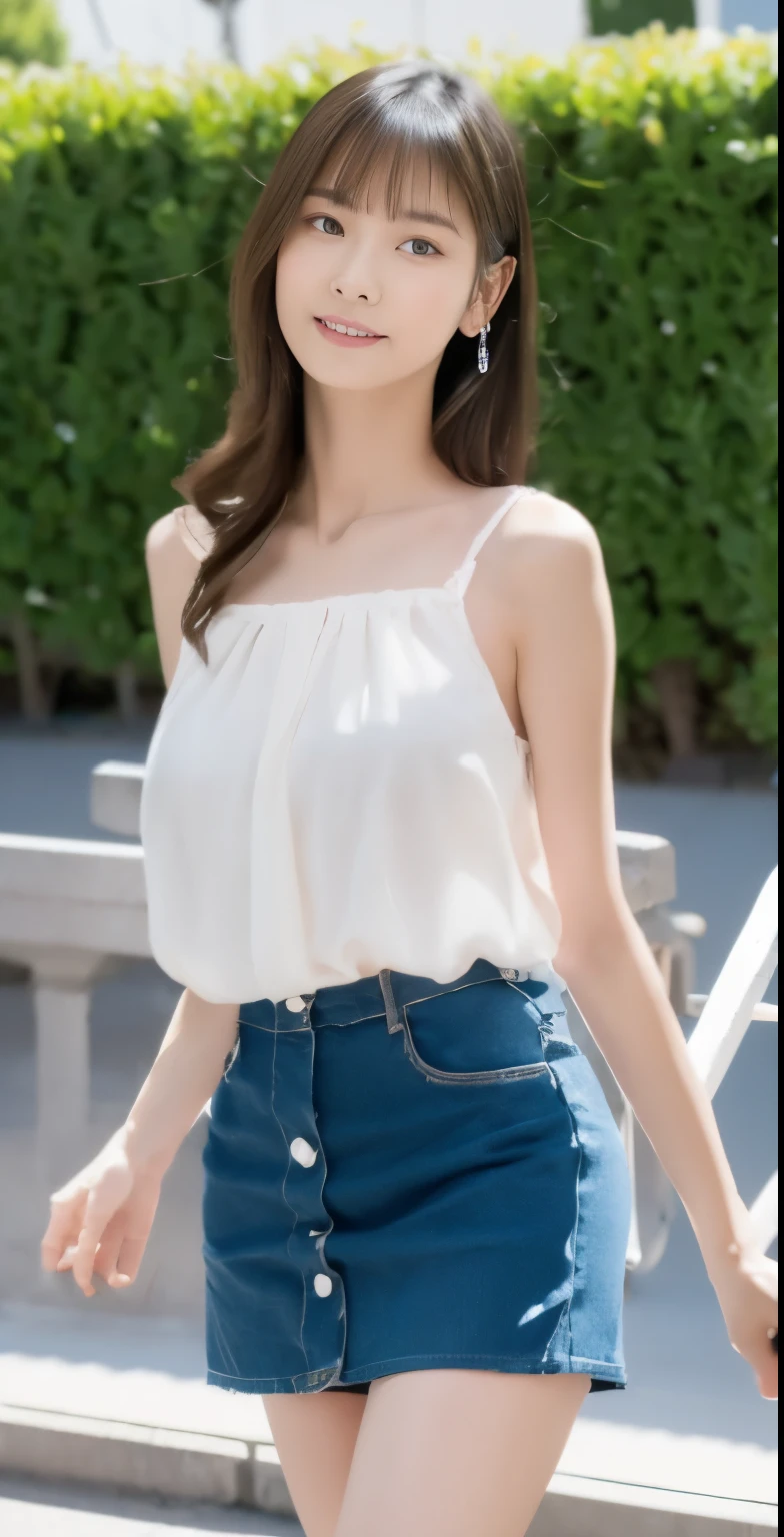 (highest quality, 8K, 32K, masterpiece, UHD:1.2), from behind, 1 beautiful girl, beautiful japanese office lady, (looking at the viewer), super mini skirt、a little chubby, white sleeveless, Miniskirts in pastel colors, , nice weather in the park, machine, (huge breasts, buttocks:1.2), detailed beautiful face, ponytail hair, from below, raise one leg