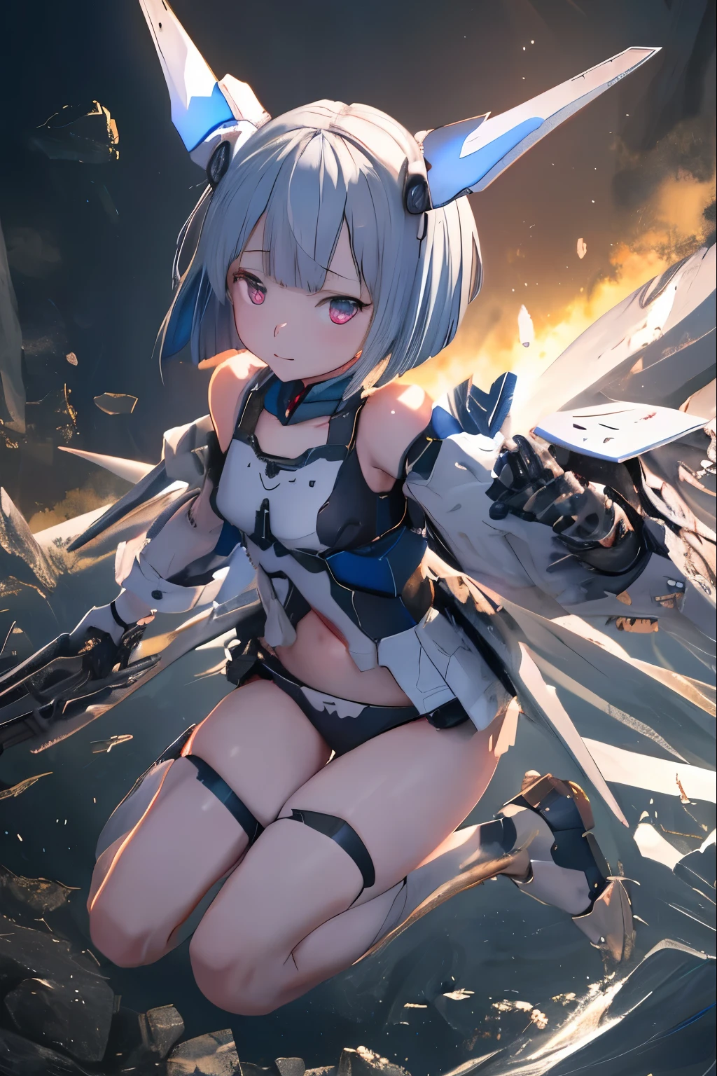 (highest quality)), ((masterpiece)), (very detailed: 1.3), 3D, (wear dark blue Old School Swimsuit under armor:1.3), 1 girl, unarmored waist, wears a futuristic white Gundam mecha,(Gundam), with headgear, with v-fin , armored shoulders,armored under arms, armored under legs, dark blue Old School Swimsuit, 2 marine thrusters attached on back, marine thrusters are symmetrical, under the calm waters of Iceland:1.2, under water, multilayer textureperfect proportions, octane rendering, duotone lighting, Low ISO, wide aperture, White balance, Rule of thirds, ultra HD16k, HDR (High Dynamic Range), Ray Tracing, NVIDIA RTX, Super Resolution, Subsurface Scattering, PBR Texturing, Post Processing, Anisotropic Filtering, Depth of Field, Maximum Clarity and Clarity, High efficiency subpixel, subpixel convolution, particles of light, light scattered, Tyndall effect, full body:1.5, battle pose, cute, (cute:1.2), (bob cut:1.3),三つ編み, 黒髪, 太い眉毛, 薄い色の虹彩, 大きくて輝いている黒い瞳, 長いまつげ, 小さく薄い色の自然な唇, (Average face of Japanese idols), (日本人特有の童顔:1.3), (), 広いおでこ:1.2, ふっくらした頬, 小さな顎, looking at viewer,Focus on the eyes