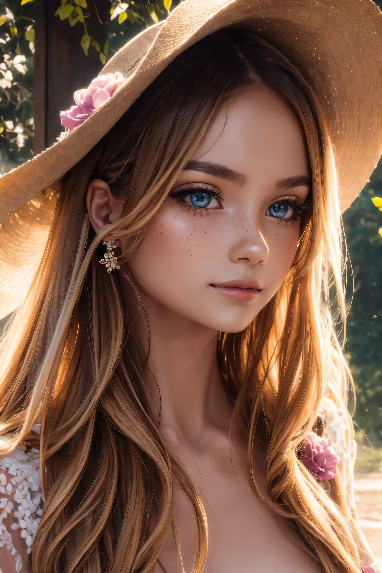 (high quality,4K,8k,high resolution,masterpiece:1.2),Beautiful and delicate eyes,Beautiful and delicate lips,Extremely detailed eyes and face,long eyelashes,(portrait:1.1),Gorgeous,smiling,fashionable,ethereal,Obsessed,fantasy,flowery,fantastic,Beautiful garden setting,soft sunshine,romantic atmosphere,whimsical,Perfectly flowing hair,bright colors,Feminine,fashionable着装,Loving gaze,Beautiful features,Moderate,beautiful,happiness,[freckle],charming,wonderful,carefree,perfect complexion,divine being