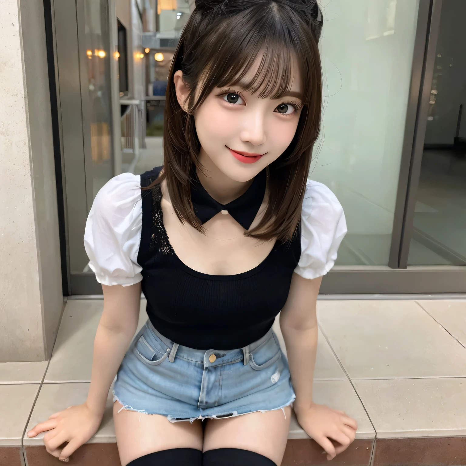 on the table, best quality, illustration, Super detailed, fine details, high resolution, 8k wallpaper, Perfect dynamic composition, Beautiful and delicate eyes,full body photography,show your whole body、collared shirt、mini skirt,thin and transparent、long gray hair, Bold sexy pose,Smile,Harajuku、20 year old girl、Above the legs