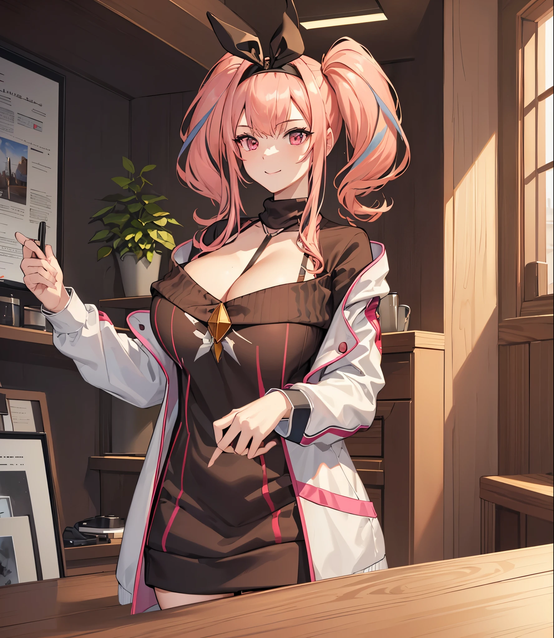 (extremely detailed CG unity 8k wallpaper), (((masterpiece))), (((best quality))), ((ultra-detailed)), (((illustration))), (best shadow), ((an extremely delicate and beautiful)), (detailed light), (well designed face), amazing face, (super detailed), cinematic shot, beautiful detailed eyes, detailed background, 1girl, solo, ((pink hair)), multicolored hair, ((red eyes)), ((short twintails)), (headband), ((halterneck)), huge breasts, firts rate breasts, first rate female bodies, sleveless sweater, ((open chest sweater)), white jacket, open jacket, upper body, inside a cafe, interior design, bewitching thighs, smile, cowboy shot,