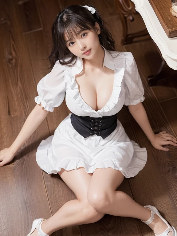 (Very detailed image quality)1 girl、realistic skin texture、butt length hair、ponytail、moist and beautiful hair、((bright smile))、stare(cleavage looks bigger)(erotic 21 year old girl、small face、very beautiful face、natural makeup)(fair skin)(Glitter eyes)smooth skin、realistic skin texture ((interior old western building、white ash floor、Table Set))(((A white ruffled shirt that makes the chest look bold、short sleeve、maid、maidエプロン、puffy sleeve)))((Very short black mini skirt with frills)) ((Stretch your back、erotic pose、spread legs))beautiful armpits、Round beautiful breasts、beautiful cleavage、thin waist、constriction:1.2 、big ass、thin thighs、Movie Writing、reflex board、face light、Bold and erotic poses、exciting and sensual poses、sexy、(((Sleeping on the floor:1)))((((Full body shot from above、Visible up to the ankles)))))