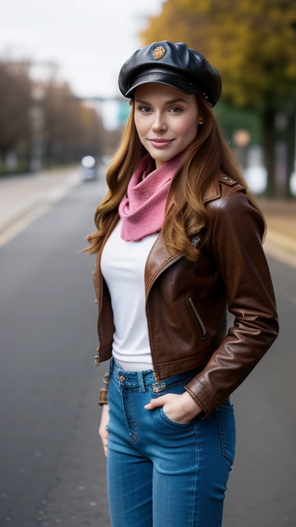 gorgeous, pretty, warm-hearted, kind-hearted, brighty, cheerful, sweet, polite, sensitive, sensible, shiny, charming, stylish, long ginger wavy haired russian woman, she is dressed with denim trousers, a leather biker jacket, boots, a newsboy cap and a pink scarf.