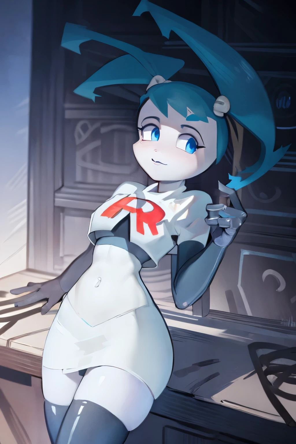 a beautiful and detailed portrait of jenny wakeman,blue eyes,((white skin:1.2)), medium breasts, team rocket,team rocket uniform,white skirt,red letter R,crop top,black thigh-highs,black elbow gloves,