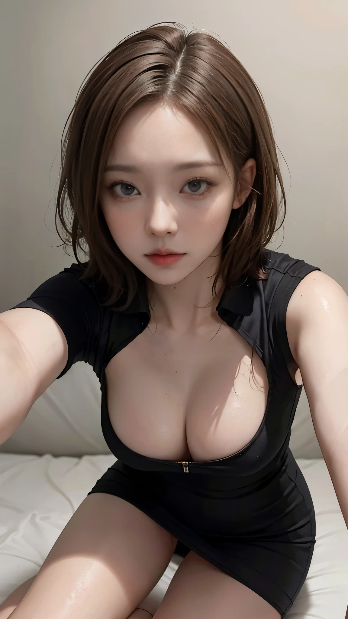 Top image quality、original photography、ultra high resolution、an 18 year old female、Photographed only for one person、model shoot、Big round breasts close to the face,、cleavage、wearing a vest、Wearing a black dress、Beautiful Eye of Details、eyes very long、beautiful eyelashes、beautiful double eyelids、Gray walls、Legs are very slender、short hair cat light brown hair、Very slim figure、Very small hips