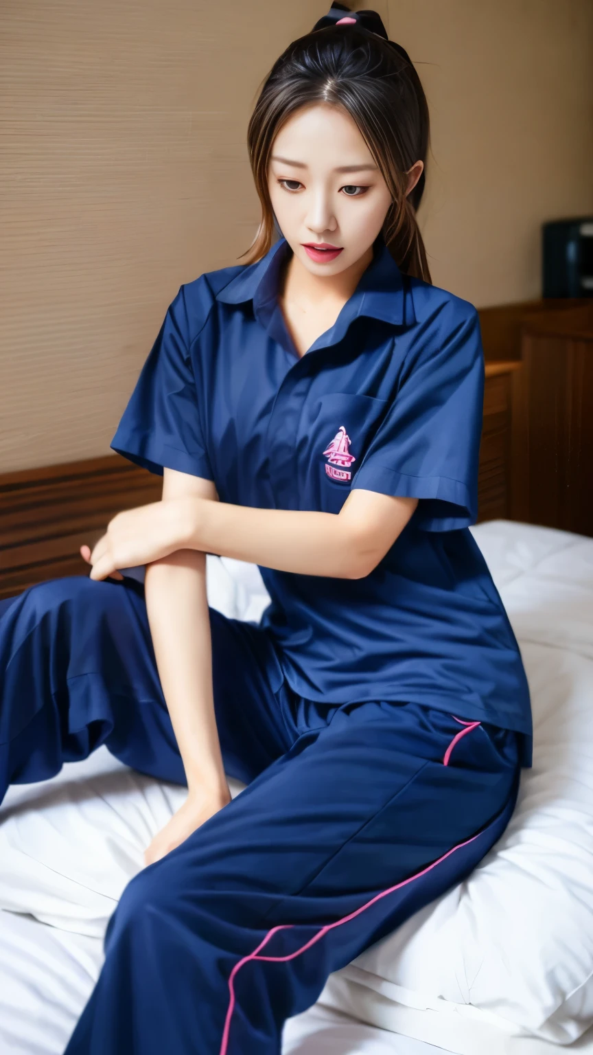 2 girls in the piano room, Navy blue short-sleeved shirt,Navy Long Trackpant,Sweatpants, Sweatpantsขายาว, lying on the bed., หญิงรักhave sex, coax, Sexual arousal, Realistic poses, exercise clothes, exercise clothes, have sex