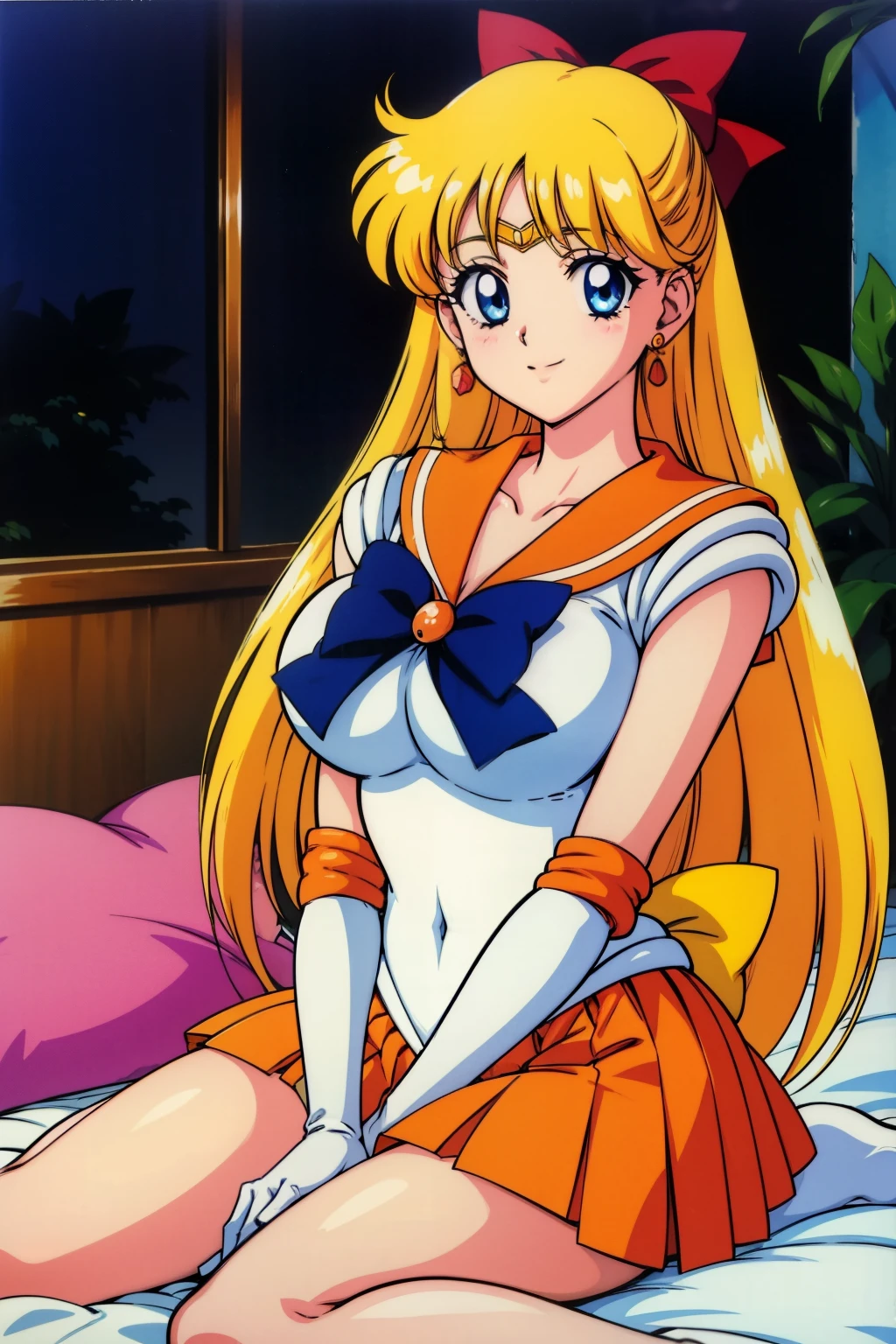 1990s \(style\), 1990s anime cels style, masterpiece, best quality, high resolution, large breasts, 1girl, solo, MinakoAino, bangs, (sailor Venus ,hair bow, elbow gloves, neck ribbon, bangs, long hair, circlet, jewelry, flower earrings, orange sailor collar), (embarrassed), orange skirt, sitting, wariza, smile