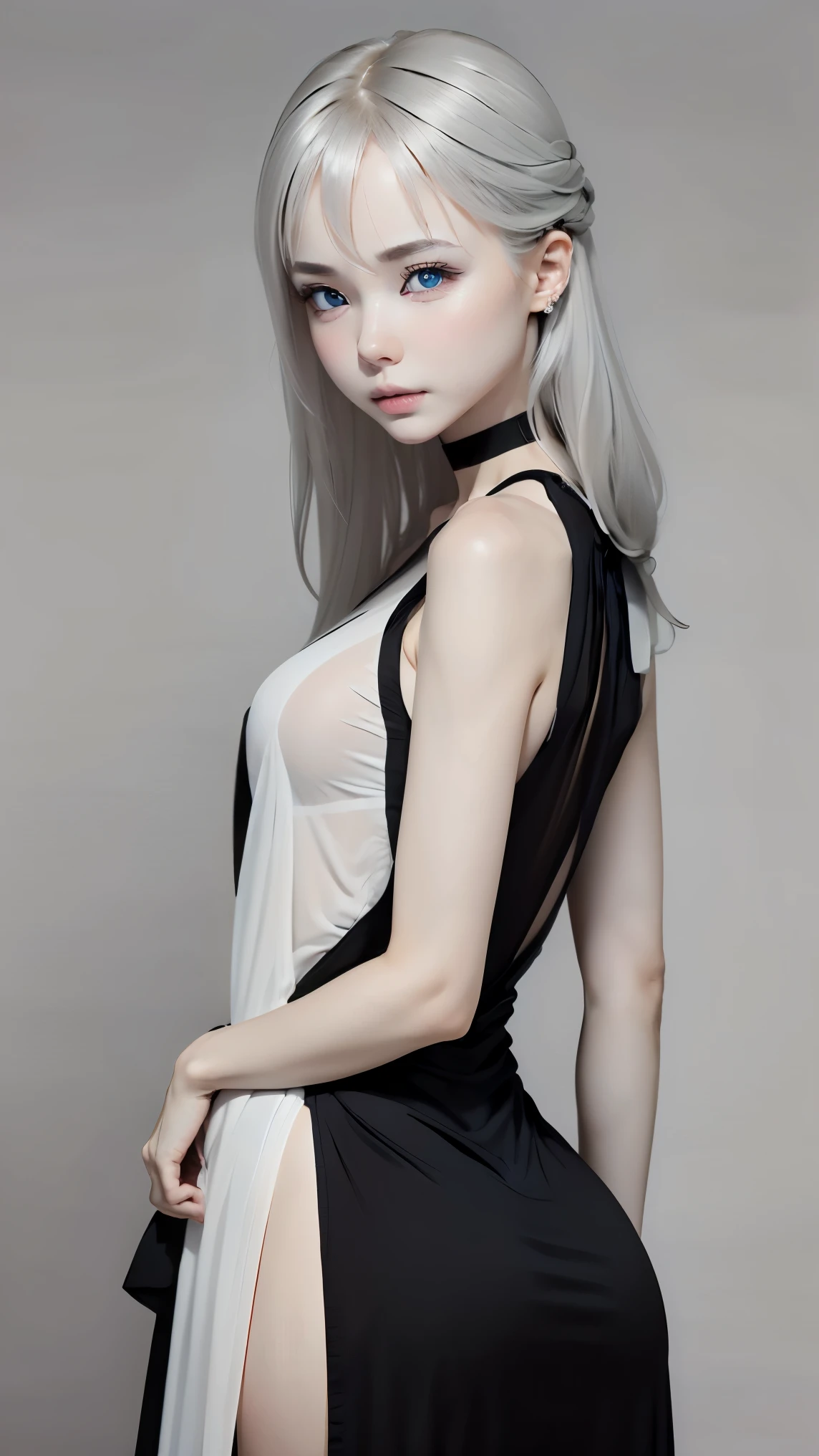 one girl、anatomy、angle above the knees、albino:1.3、unparalleled beauty、 only、silky white hair、Crystal clear blue eyes、plump lips、((Black Long Dress、black choker、Sapphire pendant))、Standing、beautiful skin、dense skin、small breasts、are small、(((gray background、Gray world、Beautiful shading:1.5)))、silence、RAW photo、highest quality、ultra high resolution、high resolution、master piece:1.3、8k、professional photographer、