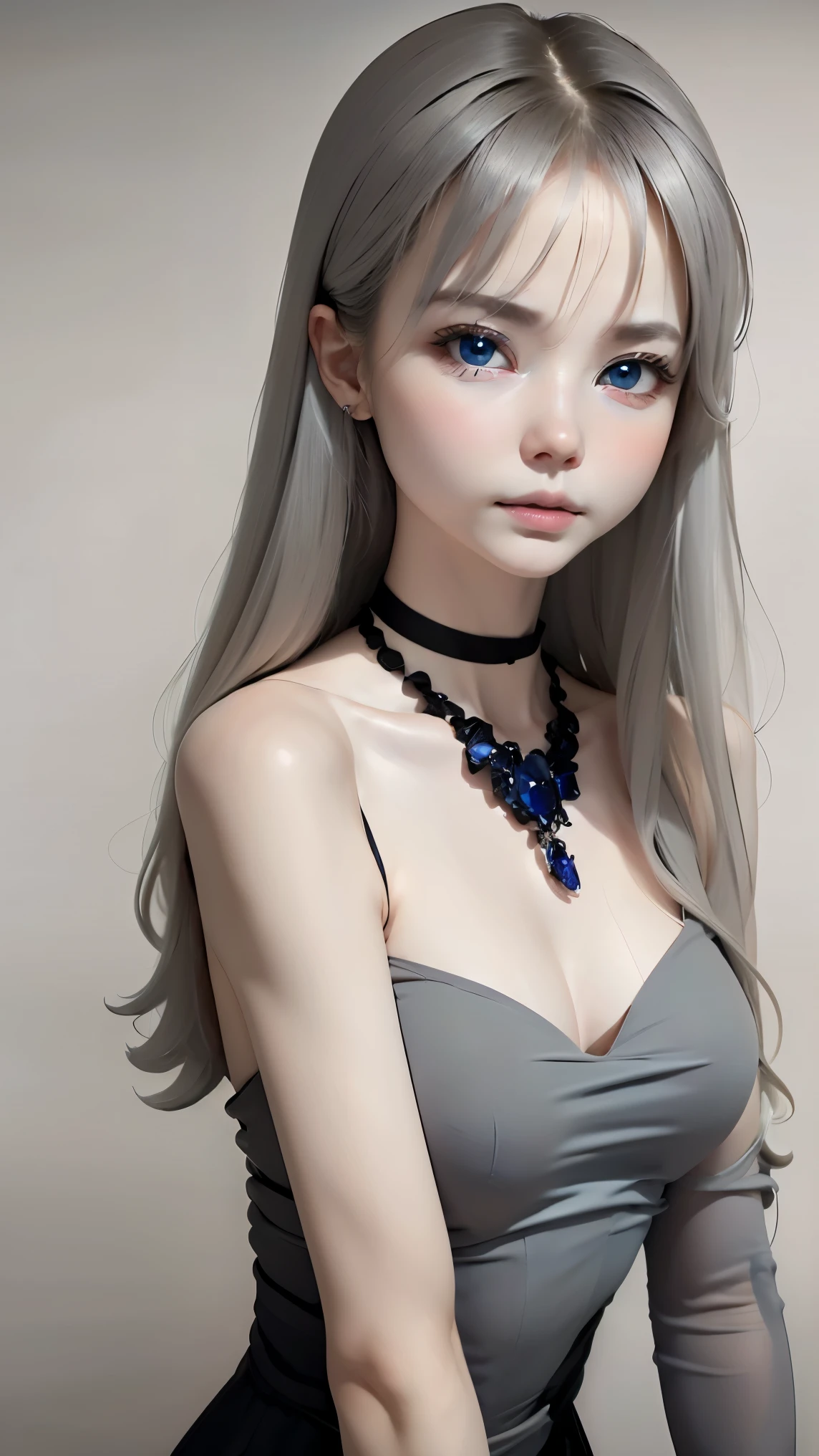 one girl、anatomy、angle above the knees、albino:1.3、unparalleled beauty、 only、silky white hair、Crystal clear blue eyes、plump lips、((Black Long Dress、black choker、Sapphire pendant))、Standing、beautiful skin、dense skin、small breasts、are small、(((gray background、Gray world、Beautiful shading:1.5)))、silence、RAW photo、highest quality、ultra high resolution、high resolution、master piece:1.3、８ｋ、professional photographer、
