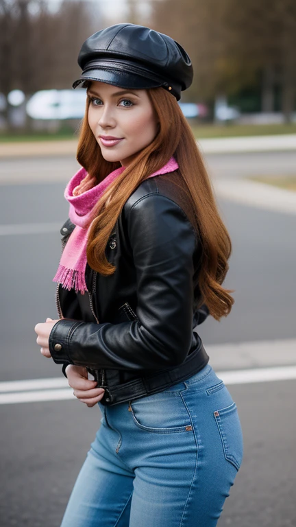 gorgeous, pretty, warm-hearted, kind-hearted, brighty, cheerful, sweet, polite, sensitive, sensible, shiny, charming, stylish, long ginger wavy haired russian woman, she is dressed with denim trousers, a leather biker jacket, boots, a black newsboy cap and a pink scarf.