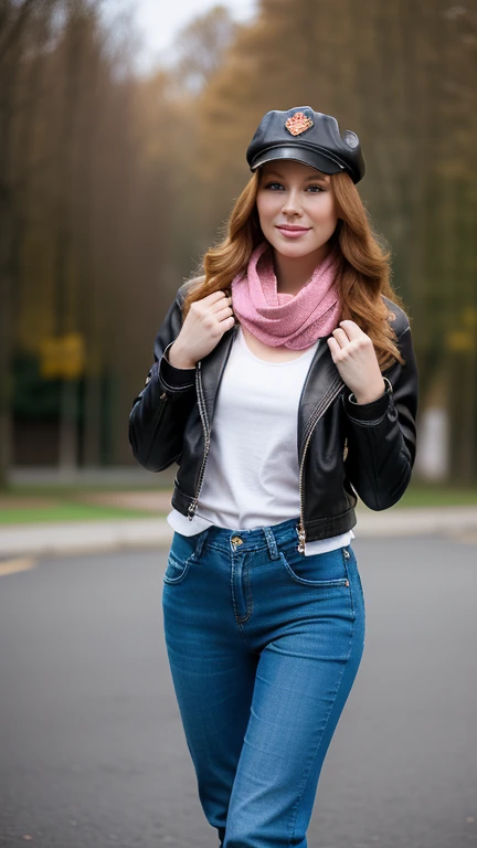 gorgeous, pretty, warm-hearted, kind-hearted, brighty, cheerful, sweet, polite, sensitive, sensible, shiny, charming, stylish, long ginger wavy haired russian woman, she is dressed with denim trousers, a leather biker jacket, boots, a black newsboy cap and a pink scarf.