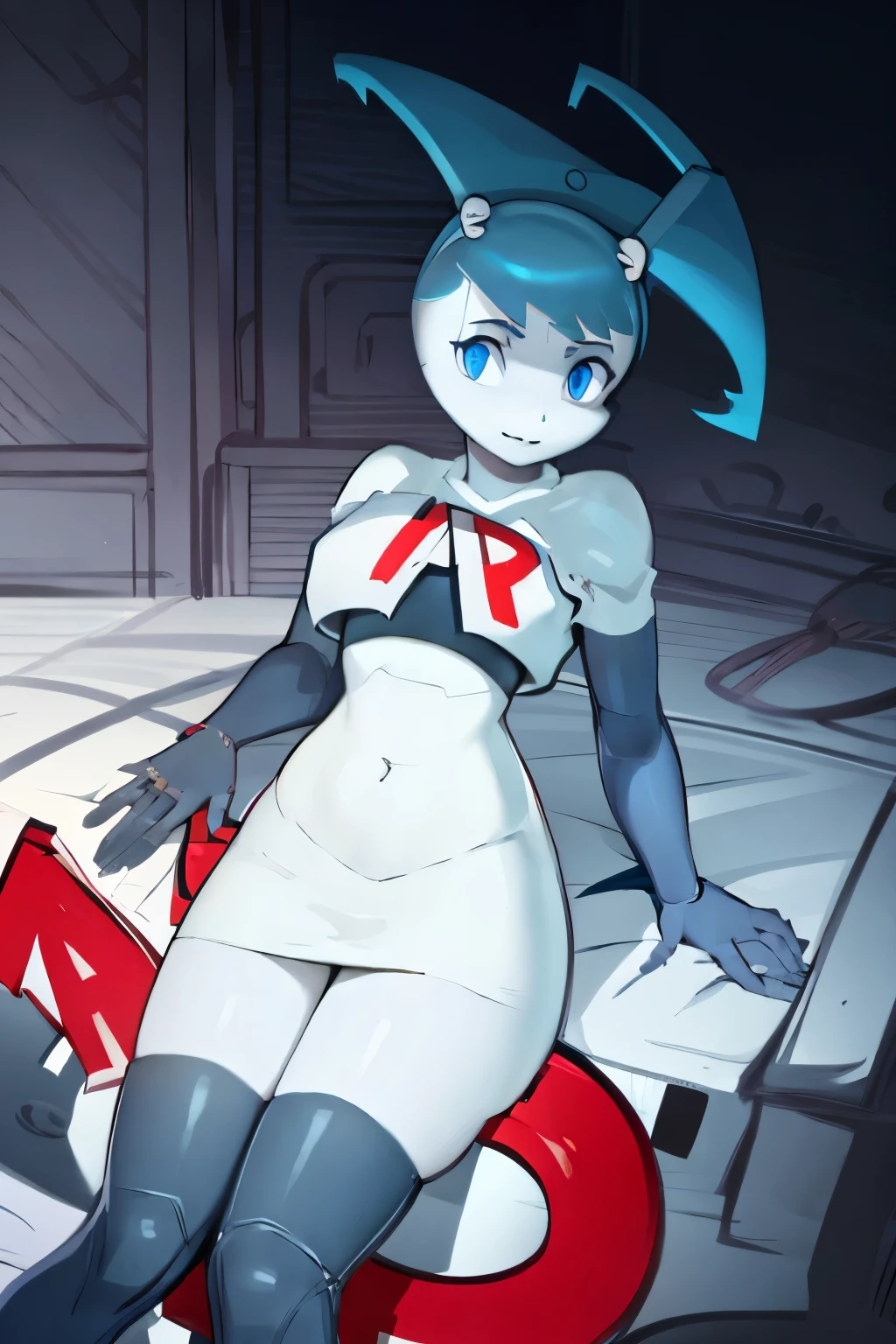 a beautiful and detailed portrait of jenny wakeman,blue eyes,((white skin:1.2)), medium breasts, team rocket,team rocket uniform,white skirt,red letter R,crop top,black thigh-highs,black elbow gloves,