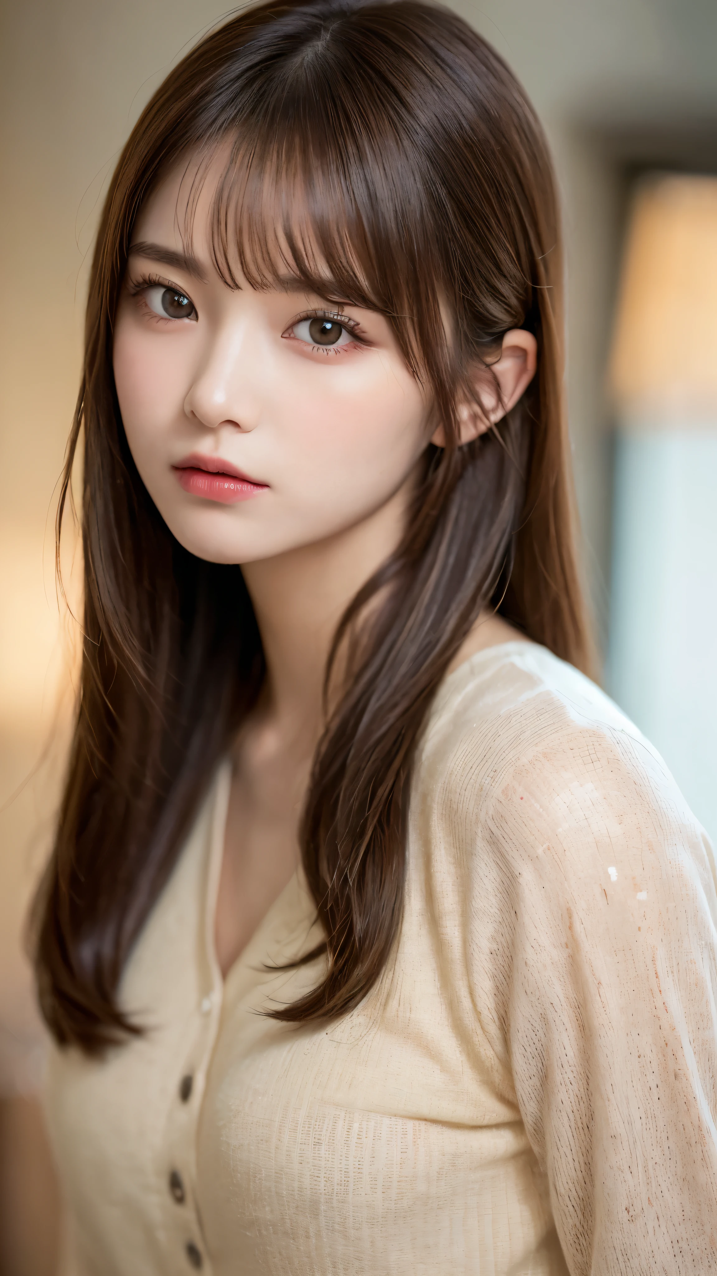 (masterpiece:1.5)、(realistic:1.5)、(highest quality:1.4、8K、RAW photo)、
ultra high resolution、professional lighting、perfect dynamic composition、indoors、
film grain、chromatic aberration、(Bokeh:1.1)、
Frank、Sophisticated、Charm、surreal、high detail、golden ratio、
(1 girl)、slender girl、繊細でCharm女の子、cute woman:1.4、
serious expression、looking at the viewer、
light brown hair、shining hair、Random cute hairstyles、
skin that looks real、
close your mouth、fine eyes、double eyelid、thin arms、
(lengthTwearing a shirt)