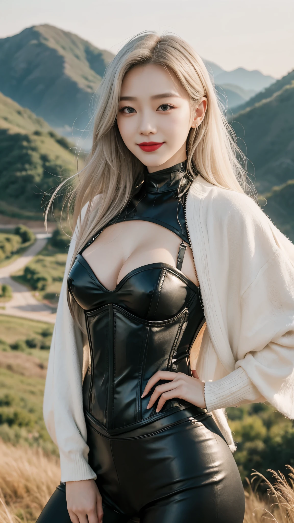 Beautiful girl, Korean makeup, Red lips, smile, Platinum hair, medium chest, medium body, leather corset, leather leggings, Scenery around the top of the hill, background mode village, 