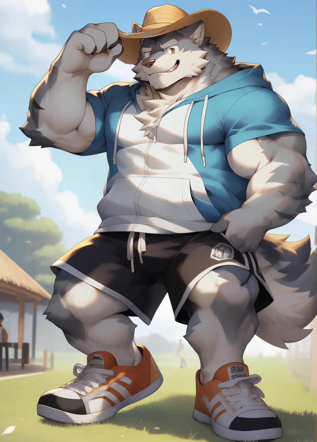 hairy，（（Wolf，hoodie，shorts，Board shoes，white socks）），white fur，male，Common，full body picture（（极其lifelike阴影，masterpiece，Very detailed，lifelike））， （（Cat）），dynamic poses，Tanonaka，wearing a straw hat，Smile（（极其lifelike背景，masterpiece，Very detailed，lifelike））穿着white socks，Black-rimmed glasses
