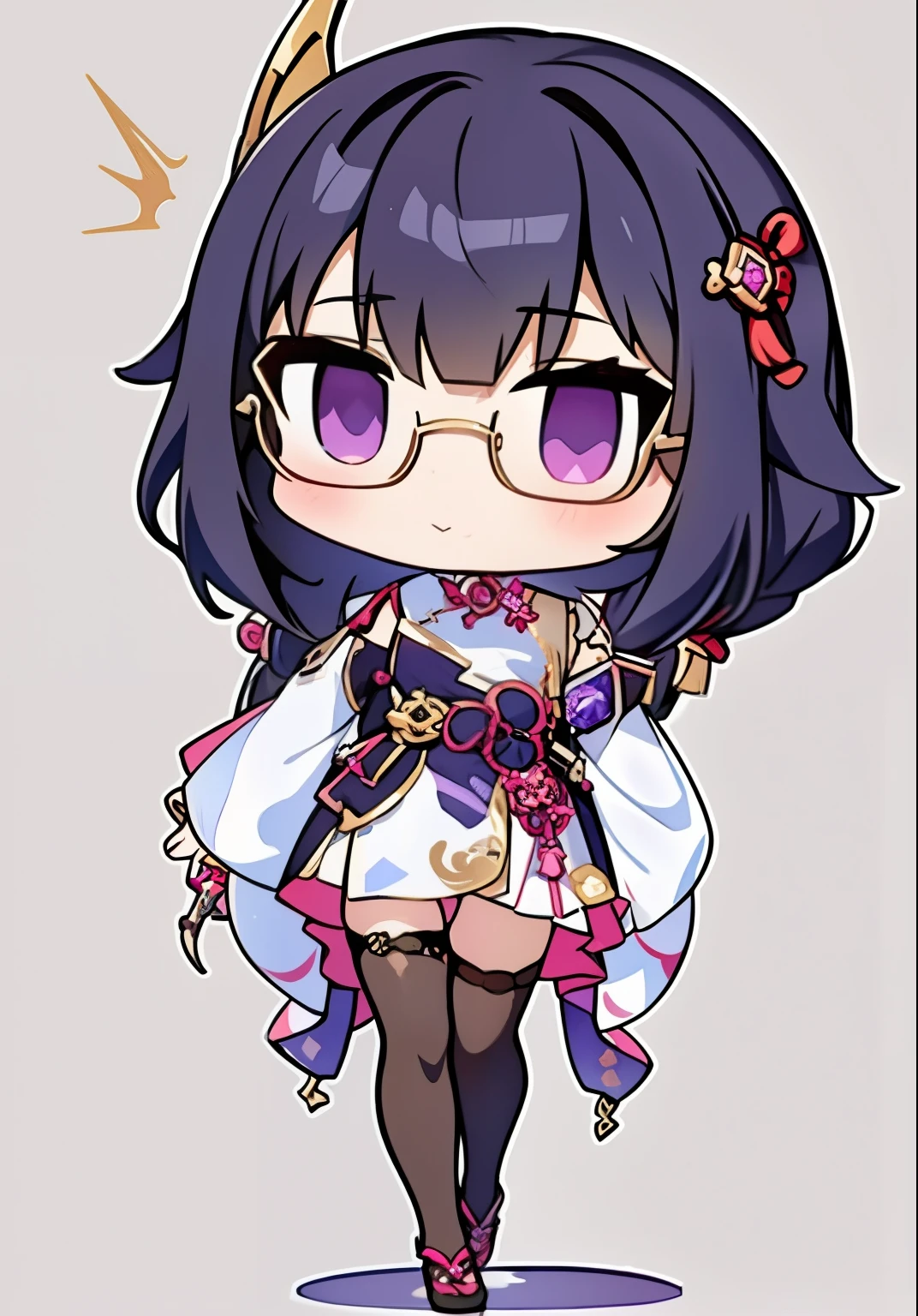 anime girl with black hair and purple eyes holding a sword, ayaka genshin impact, anime moe artstyle, chibi art, genshin, keqing from genshin impact, chibi, anime chibi, zhongli from genshin impact, water color nendoroid, style as nendoroid, advanced digital chibi art, anime stylized, chibi girl, look at viewer left, fullbody,glasses