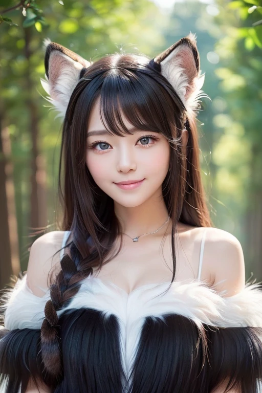 ((highest quality, 8K, masterpiece: 1.3)), sharp: 1.2, perfect body beauty: 1.4,1 cute girl,smile,highly detailed face,fine eyes,double eyelid,(furry:1.8),Has cat ears,Are standing,((side wide shot:1.4)),beautiful forest