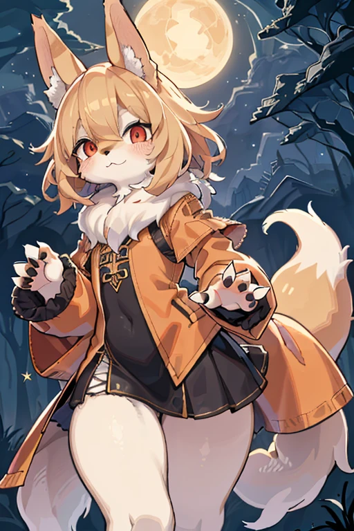 foxgirl,Libido Girl,hairy pubic hair,shaggy,Smoothes lashes,skin fur,Golden fur,Short hair in men,Forelimb hands, three-dimensional circle eyes,Golden ears,Golden face fur , short blonde hair,red eyes,super cute face,Brown elements on fur,star jacket,ambient light,extra-fine fur,volume light,night,Natural light,fox tail,Fluffy Tail,hairy tail,sharp nails。high quality, high details, 最high quality, hyper hd,Detailed,