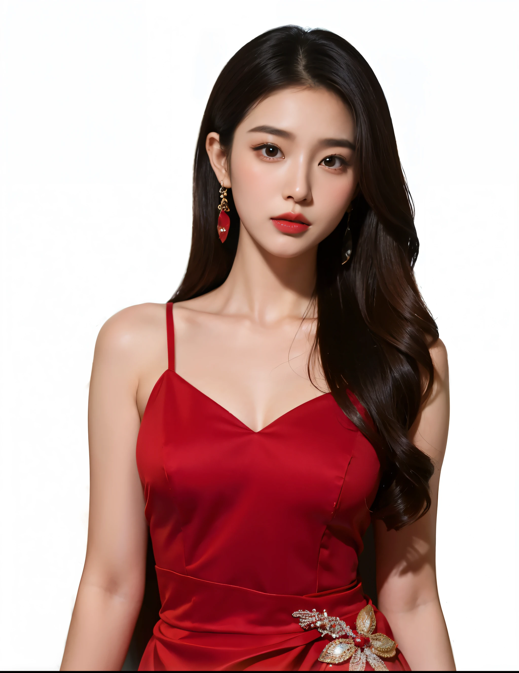 araffe woman in a red dress posing for a picture, beautiful south korean woman, korean women's fashion model, wearing red formal attire, gorgeous young korean woman, in a red dress, beautiful young korean woman, wearing red dress, girl wears a red dress, wearing a red dress, female actress from korea, jaeyeon nam, hwang se - on