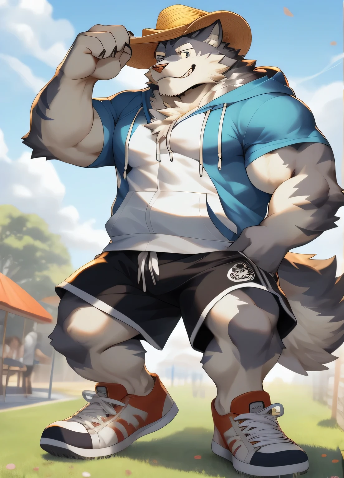 hairy,((Wolf,hoodie,shorts,Board shoes)),white fur,male,Common,full-body shot((极其lifelike阴影,masterpiece,Very detailed,lifelike)), ((Cat)),dynamic poses,Tanaka,wearing a straw hat,Smile((极其lifelike背景,masterpiece,Very detailed,lifelike))