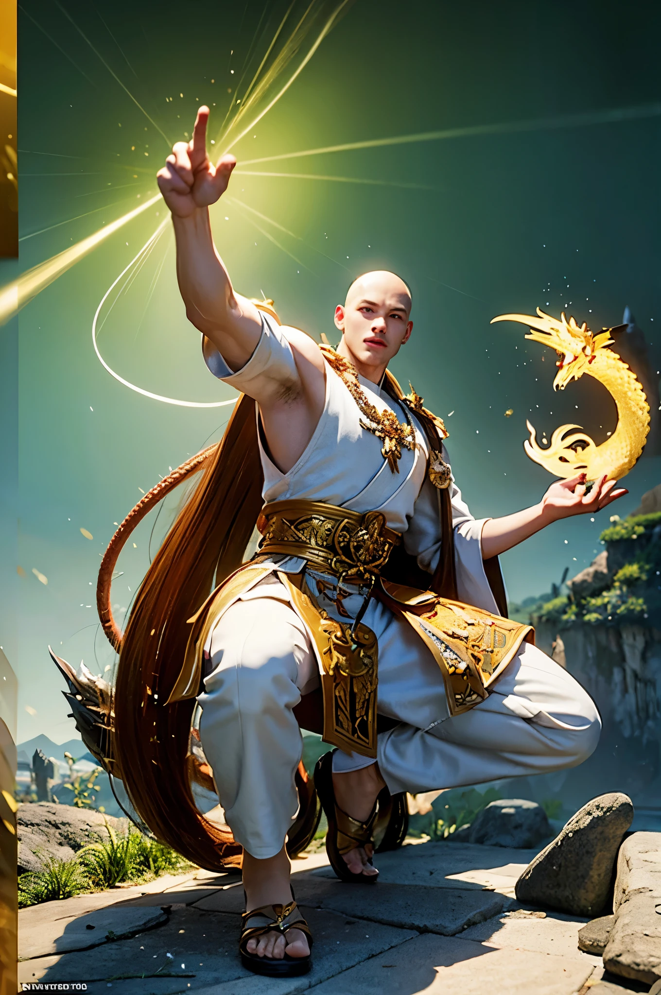 A young monk aged 25, european features, green eyes, bald, muscular build light and athletic, dragon styled holy symbol, white robes with platinum trim. Holy golden energy emenates from his hands, a translucent visage o Bahamut is near him. He is in a martial arts stance. He is in a romanian medieval village on a moonlit night, full body picture, show him from head to toe