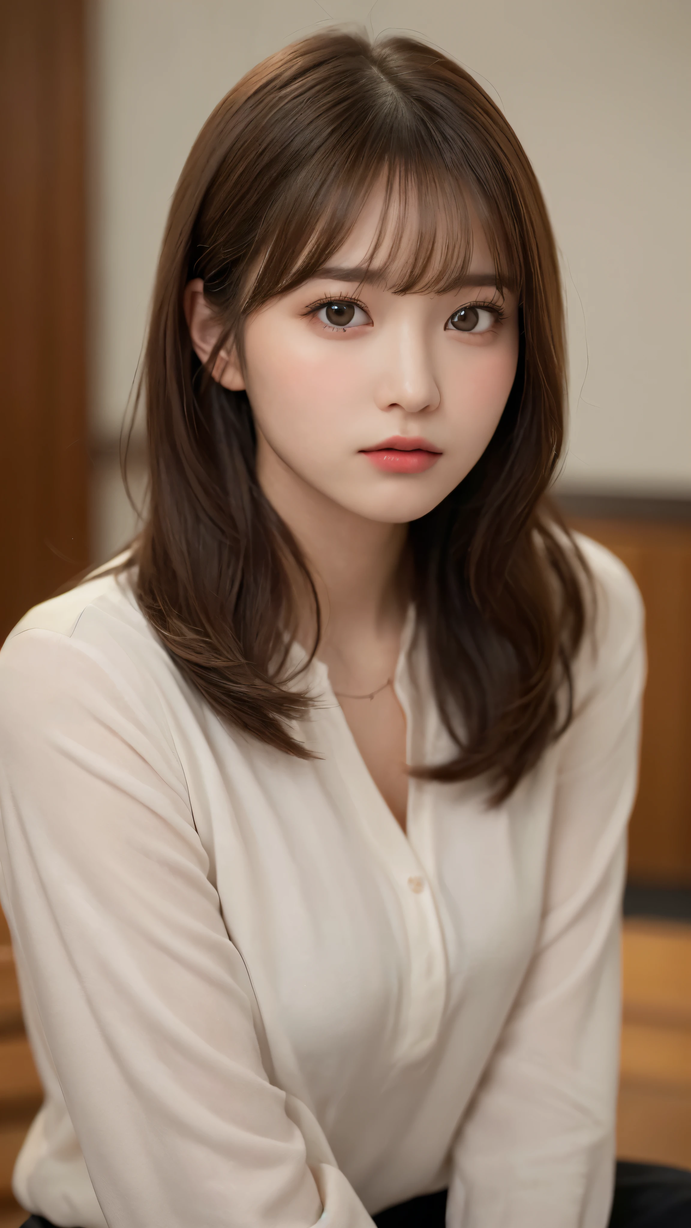 (masterpiece:1.5)、(realistic:1.5)、(highest quality:1.4、8K、RAW photo)、
ultra high resolution、professional lighting、perfect dynamic composition、indoors、
film grain、chromatic aberration、(Bokeh:1.1)、
Frank、Sophisticated、Charm、surreal、high detail、golden ratio、
(1 girl)、slender girl、繊細でCharm女の子、cute woman:1.4、
serious expression、looking at the viewer、
light brown hair、shining hair、Random cute hairstyles、
skin that looks real、
close your mouth、fine eyes、double eyelid、thin arms、
(lengthTwearing a shirt)、I can see my thighs