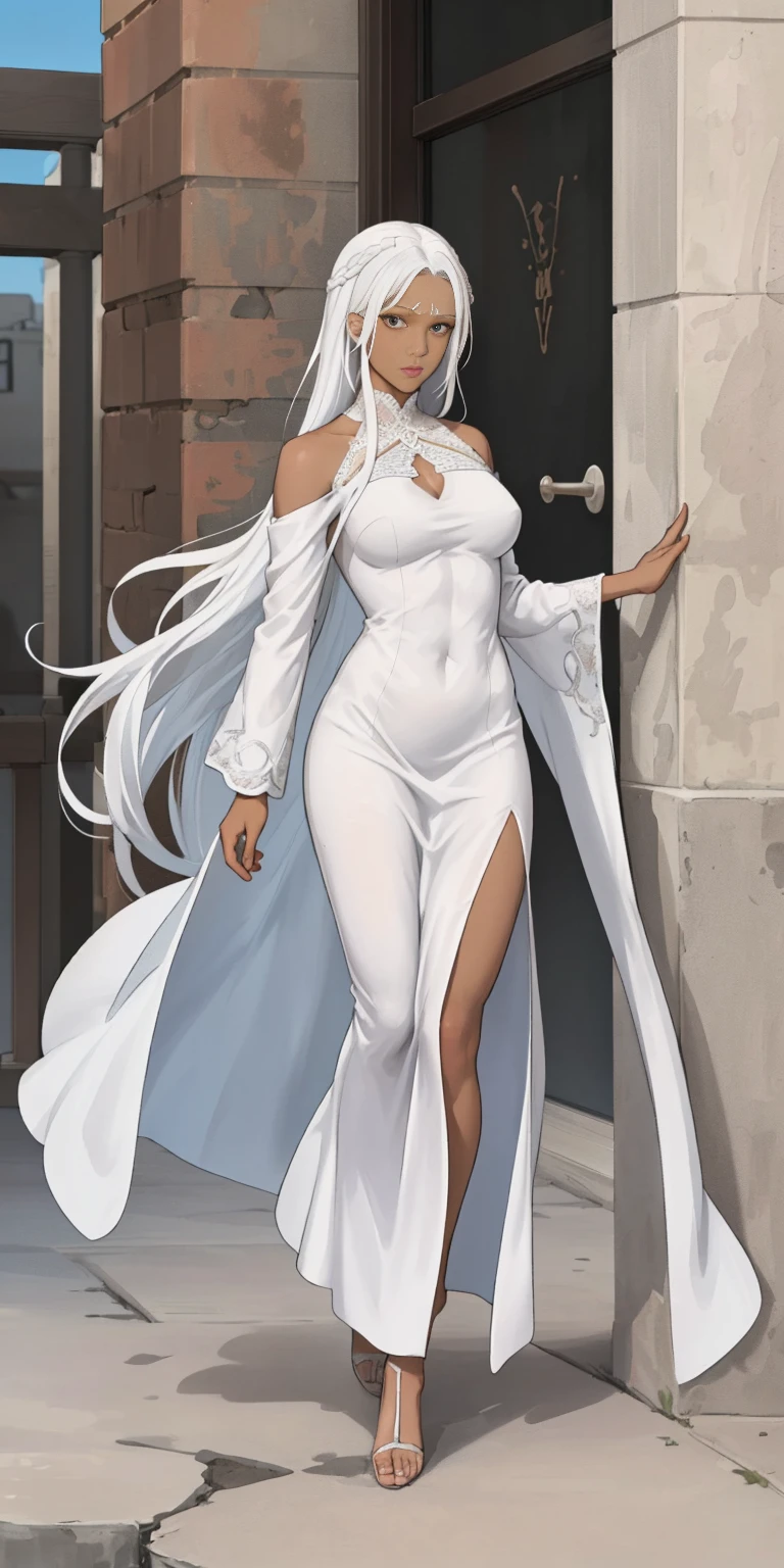 Best quality, best definition, best art, artwork, beautiful, painting, white hair, long white hair, perfect hair, long hair, perfect skin, black skin, brown skin, black skin, dress, long white dress, white dress, greek goddess dress, full body, whole body.
