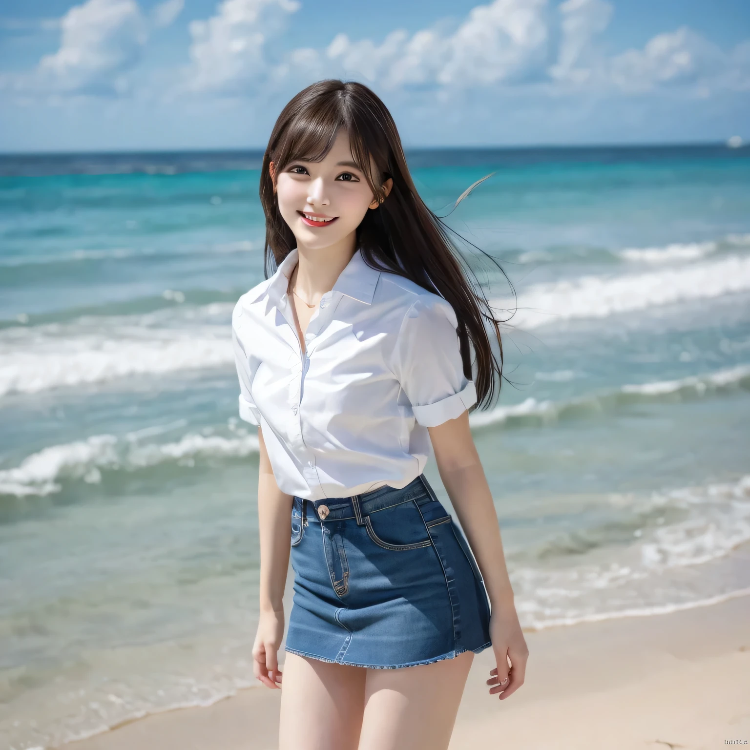 on the table, best quality, illustration, Super detailed, fine details, high resolution, 8k wallpaper, Perfect dynamic composition, Beautiful and delicate eyes,full body photography,show your whole body、collared shirt、mini skirt,thin and transparent、long gray hair, Bold sexy pose,Smile,Harajuku、20 year old girl、Above the legs、standing at the beach