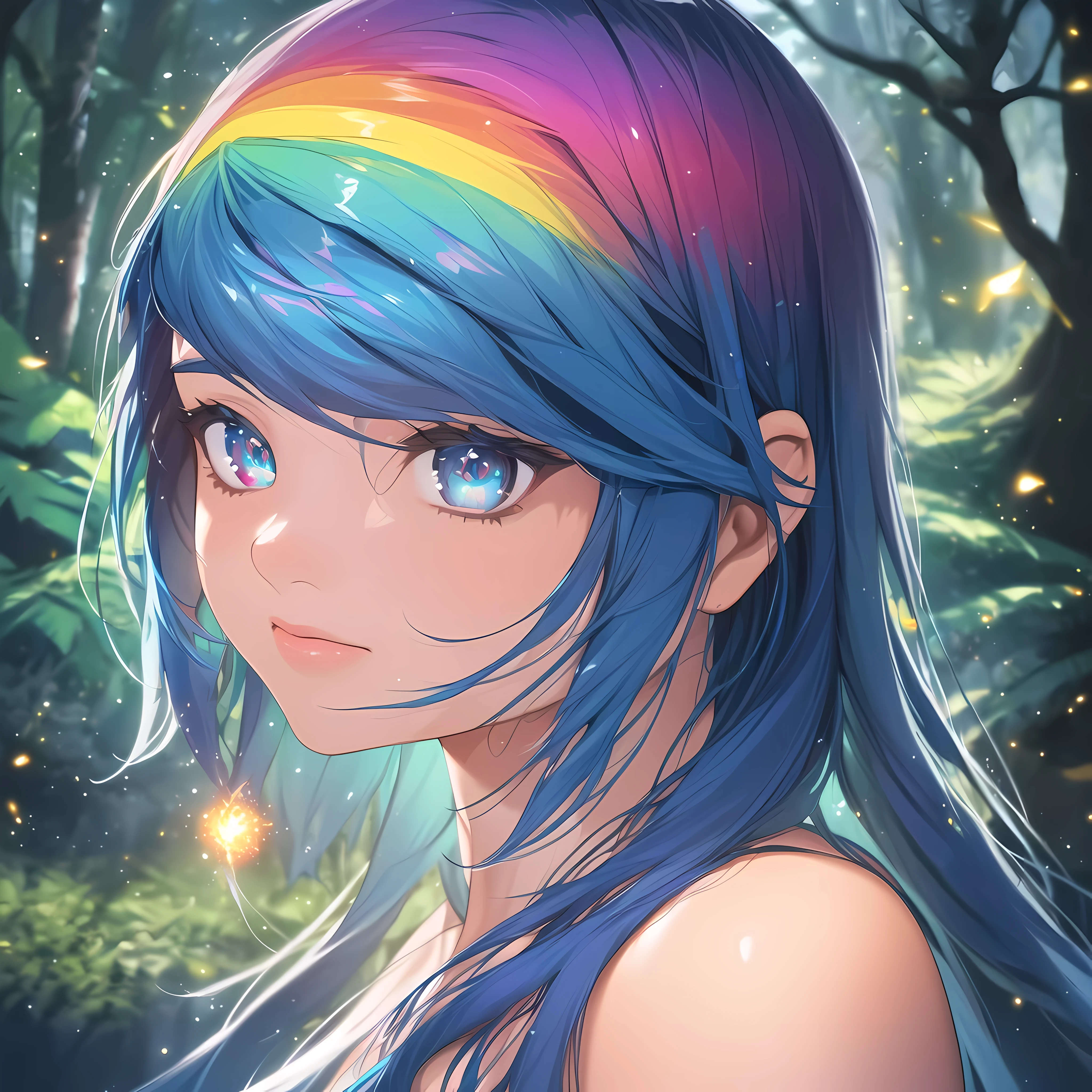 (best quality,4k,8k,highres,masterpiece:1.2),ultra-detailed,(realistic,photorealistic,photo-realistic:1.37),female with glowing teal eyes,rainbow colored hair,casting glowing spells,mystical forest,illustration,enchanted atmosphere,vibrant colors,soft lighting