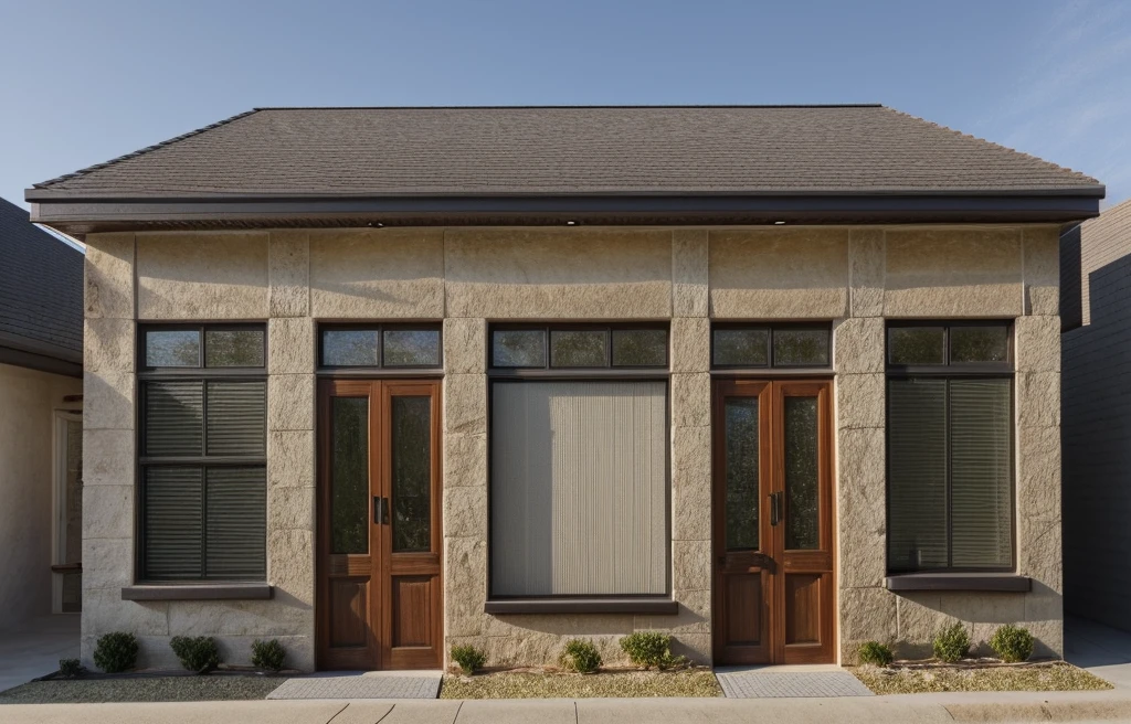 Realistic images, extremely detailed, a modern house,(((1 road in font of house))), large yard made by ceramic, (1 car), brick fence, lawn, a few small flowers, a road in front of the house, main materials of the house are white walls and red brick, Modern design, clear blue sky, sunrise light, light from inside, dynamic light,shimering light, cinematic light, romantic feeling, (((day light, warm light)))