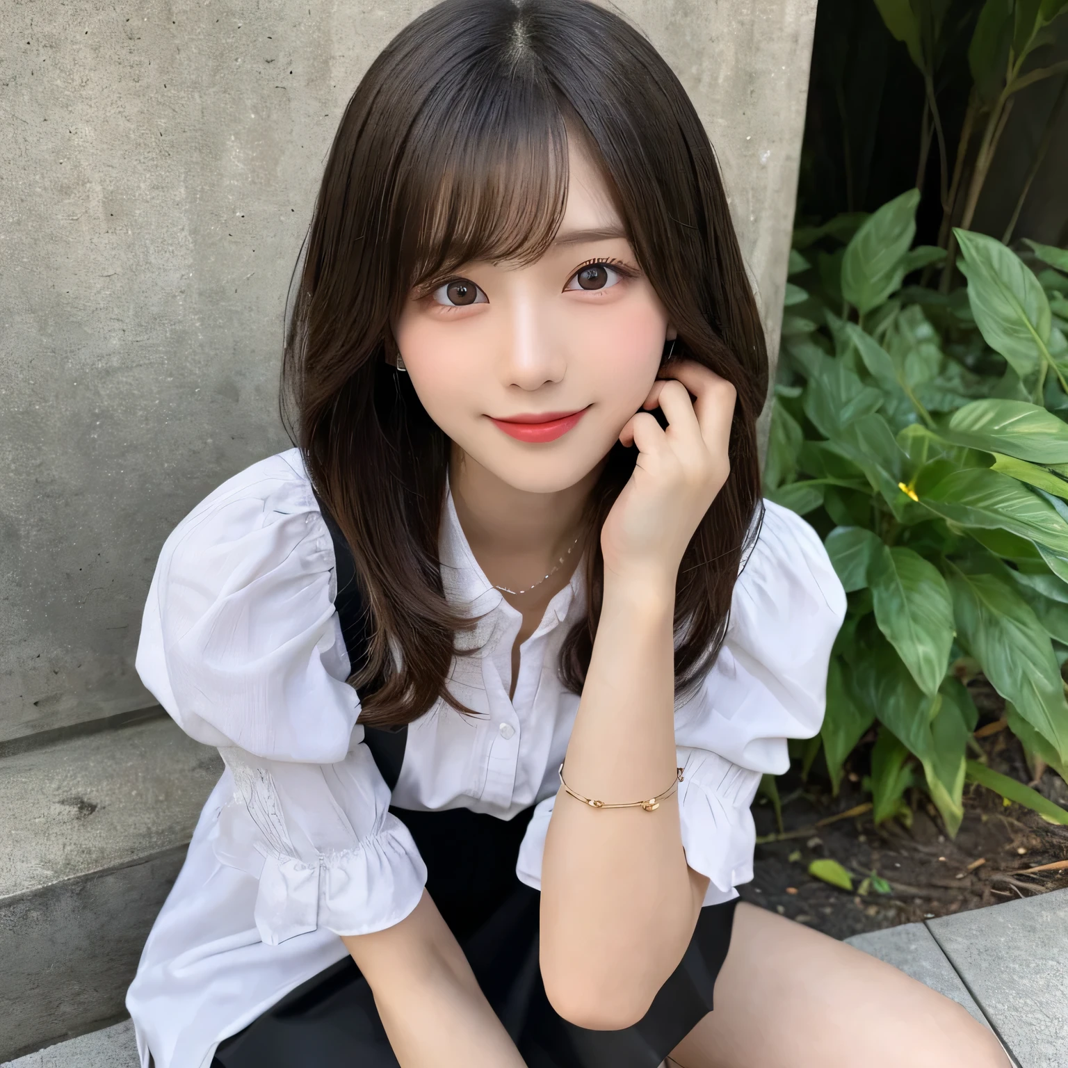 on the table, best quality, illustration, Super detailed, fine details, high resolution, 8k wallpaper, Perfect dynamic composition, Beautiful and delicate eyes,full body photography,show your whole body、collared shirt、mini skirt,thin and transparent、long gray hair, Bold sexy pose,Smile,Harajuku、20 year old girl、Above the legs