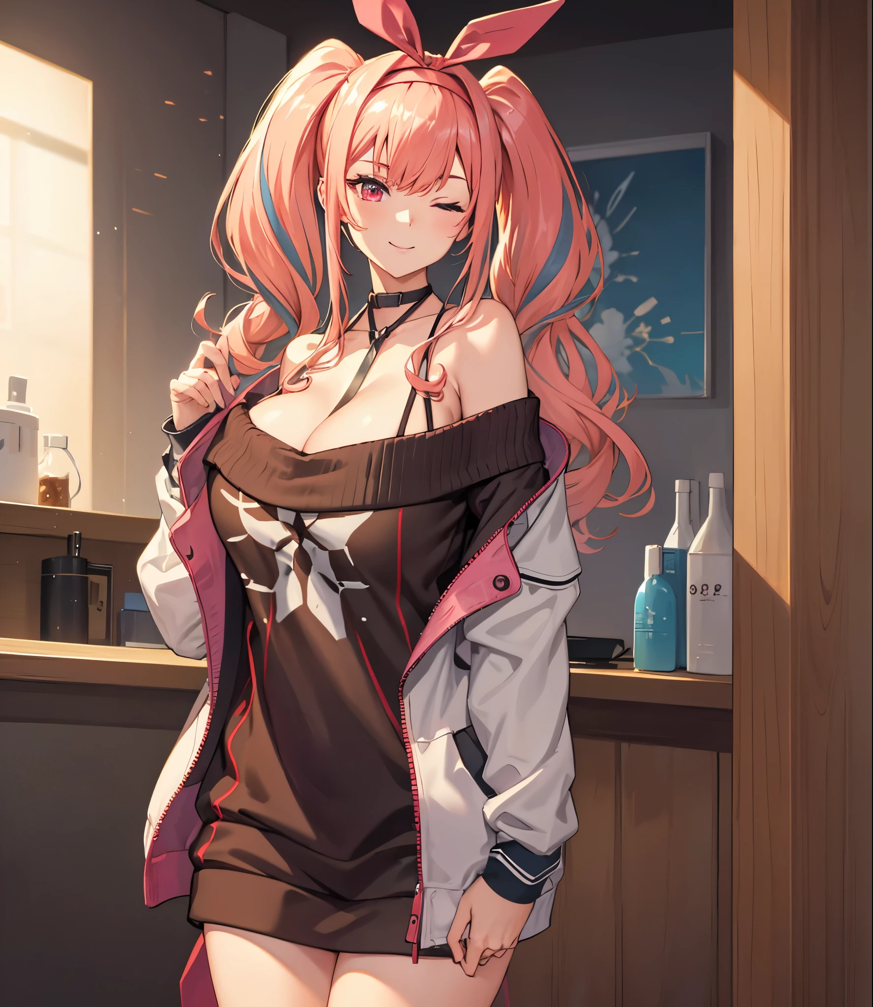 (extremely detailed CG unity 8k wallpaper), (((masterpiece))), (((best quality))), ((ultra-detailed)), (((illustration))), (best shadow), ((an extremely delicate and beautiful)), (detailed light), (well designed face), amazing face, (super detailed), cinematic shot, beautiful detailed eyes, detailed background, 1girl, solo, ((pink hair)), ((multicolored hair)), ((red eyes)), ((short twintails)), (headband), ((halterneck)), huge breasts, firts rate breasts, first rate female bodies, (sleveless sweater), ((open chest sweater)), white jacket, open jacket, inside a cafe, interior design, bewitching thighs, smile, one eye closed, cowboy shot,
