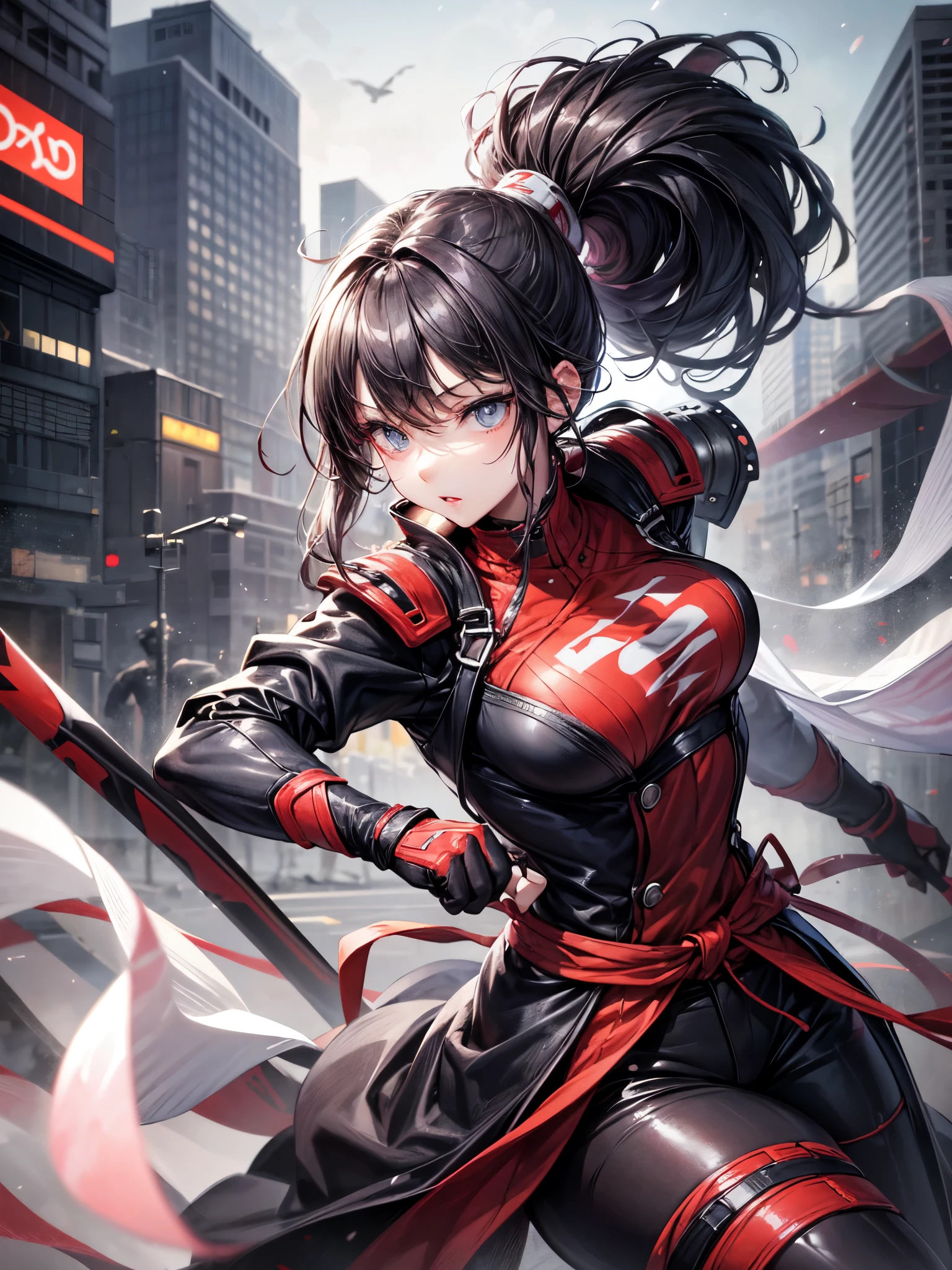 Japanese ninja woman, preparing for battle, in a fighting stance, dagger drawn, night scene, Impressive, black hair, ponytail, shiny hair, beautiful face, beautiful eyes , dynamic lighting, super fine illustrations, masterpiece, accurate, 8K, best quality, super details, ghibli style colors, high resolution, cool world