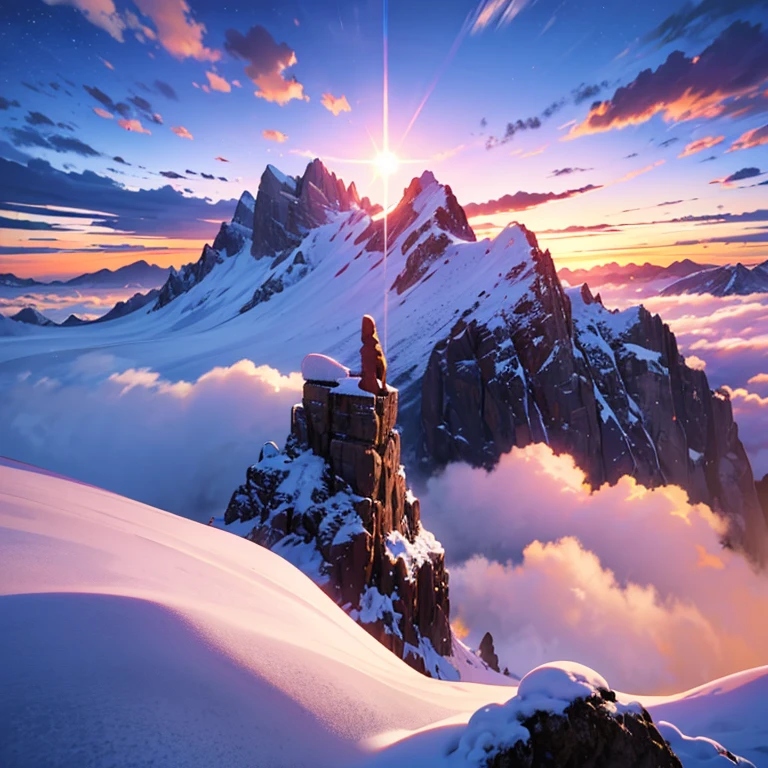 Film Art, concept art, masterpiece, Wide-angle perspective, S-shaped composition, Photos of mountain scenery from near to far with cinematic vision, At different levels, Clear high and low, Distant sunset over the top of a snowy mountain, HD Textures, Layered snowy mountains in the distance, White cloud,