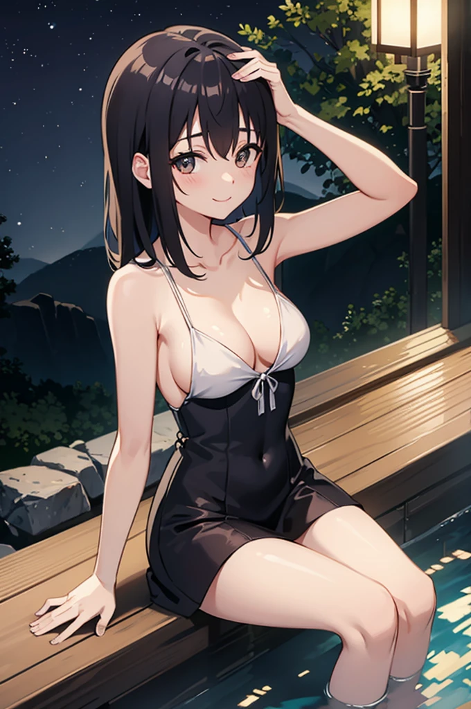 Yukina Himeragi 、BREAK medium breasts, crossed legs, sitting, looking at the viewer, onsen, stone, night, blush, smile, sitting BREAK medium breasts, crossed legs, sitting, looking at the viewer, onsen, stone, night,armpits,cowboy shot、from above,looking at viewer,,towel on body
