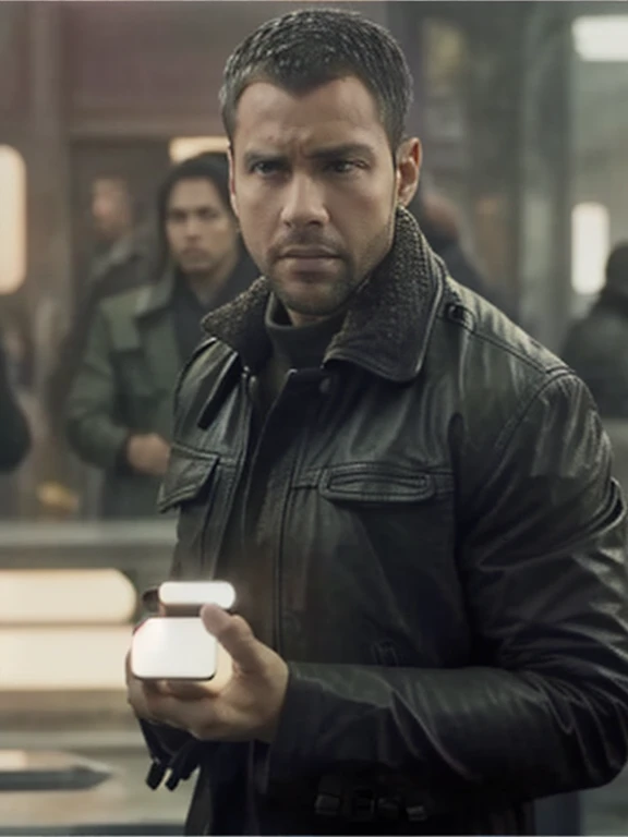 There's a man who's looking at his cell phone, Estilo de Blade Runner 2049, In the movie Blade Runner 2049, de Blade Runner 2049 (2017), Estilo Blade Runner 2049, in a science fiction movie, En Bladerunner City, In the lighting of Blade Runner 2049
