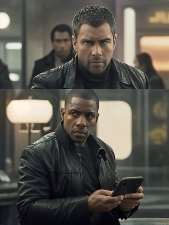 There's a man who's looking at his cell phone, Estilo de Blade Runner 2049, In the movie Blade Runner 2049, de Blade Runner 2049 (2017), Estilo Blade Runner 2049, in a science fiction movie, En Bladerunner City, In the lighting of Blade Runner 2049