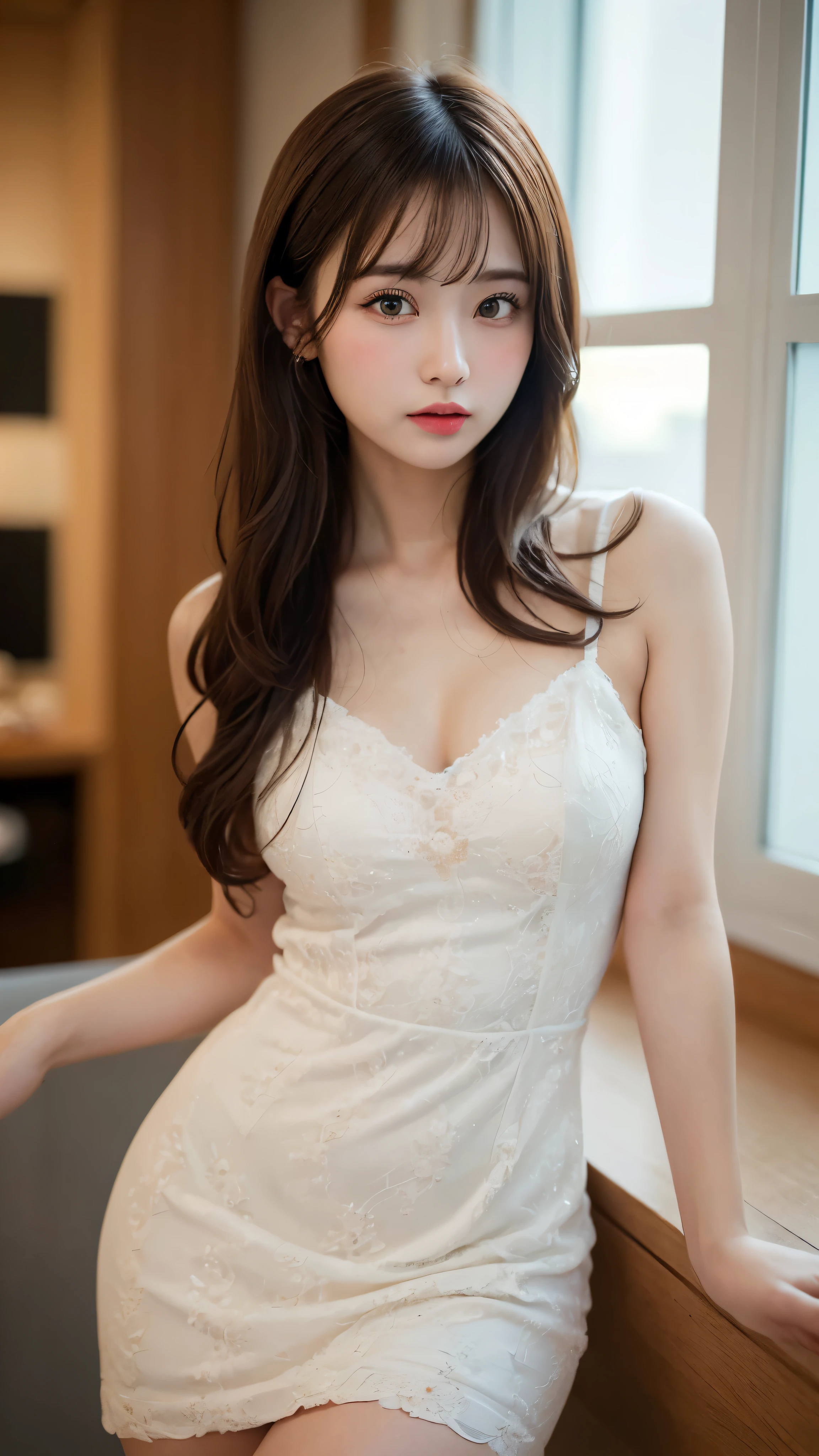 (masterpiece:1.5)、(realistic:1.5)、(highest quality:1.4、8K、RAW photo）、
ultra high resolution、professional lighting、perfect dynamic composition、indoors、
film grain、chromatic aberration、(Bokeh:1.1)、
Frank、Sophisticated、Charm、surreal、high detail、golden ratio、
(1 girl)、slender girl、繊細でCharm女の子、cute woman:1.4、
serious expression、looking at the viewer、
light brown hair、shining hair、Random cute hairstyles、
skin that looks real、
close your mouth、fine eyes、double eyelid、thin arms、
(wearing a white mini party dress)、(Thighs are visible)