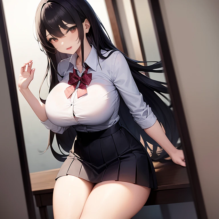 Nerdy girl with school uniform and big breasts, big thighs, long black hair