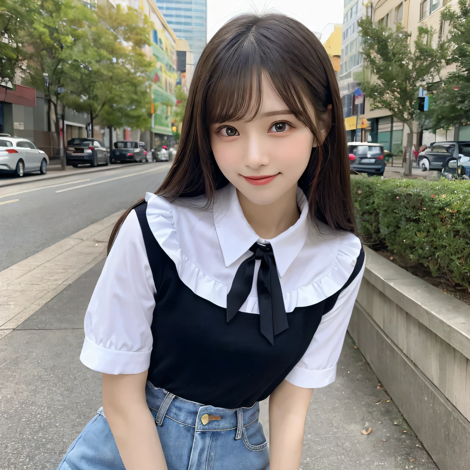 on the table, best quality, illustration, Super detailed, fine details, high resolution, 8k wallpaper, Perfect dynamic composition, Beautiful and delicate eyes,full body photography,show your whole body、collared shirt、mini skirt,thin and transparent、long gray hair, Bold sexy pose,Smile,Harajuku、20 year old girl、Above the legs
