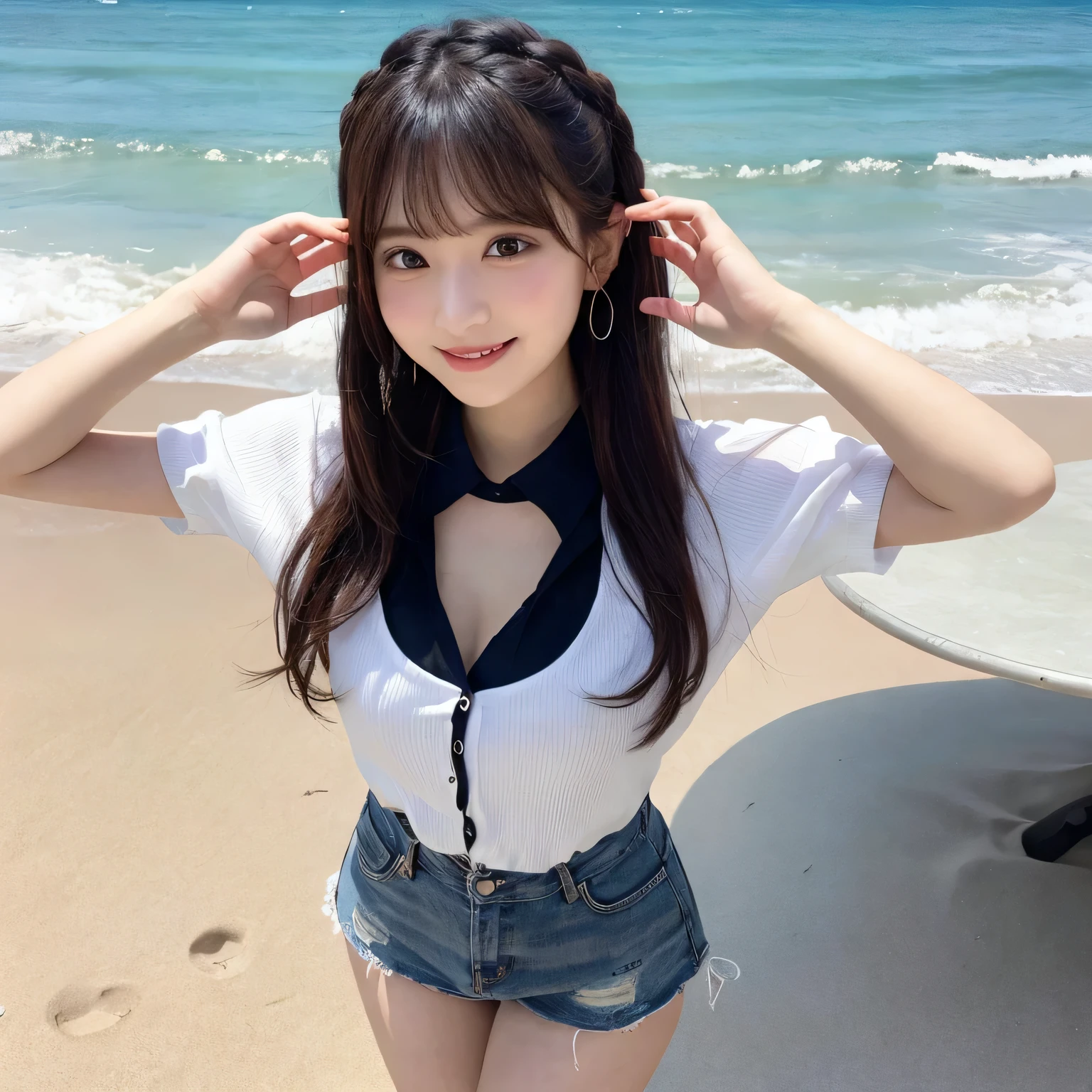 on the table, best quality, illustration, Super detailed, fine details, high resolution, 8k wallpaper, Perfect dynamic composition, Beautiful and delicate eyes,full body photography,show your whole body、collared shirt、mini skirt,thin and transparent、long gray hair, Bold sexy pose,Smile,Harajuku、Huge cleavage,20 year old girl、Above the legs、standing at the beach