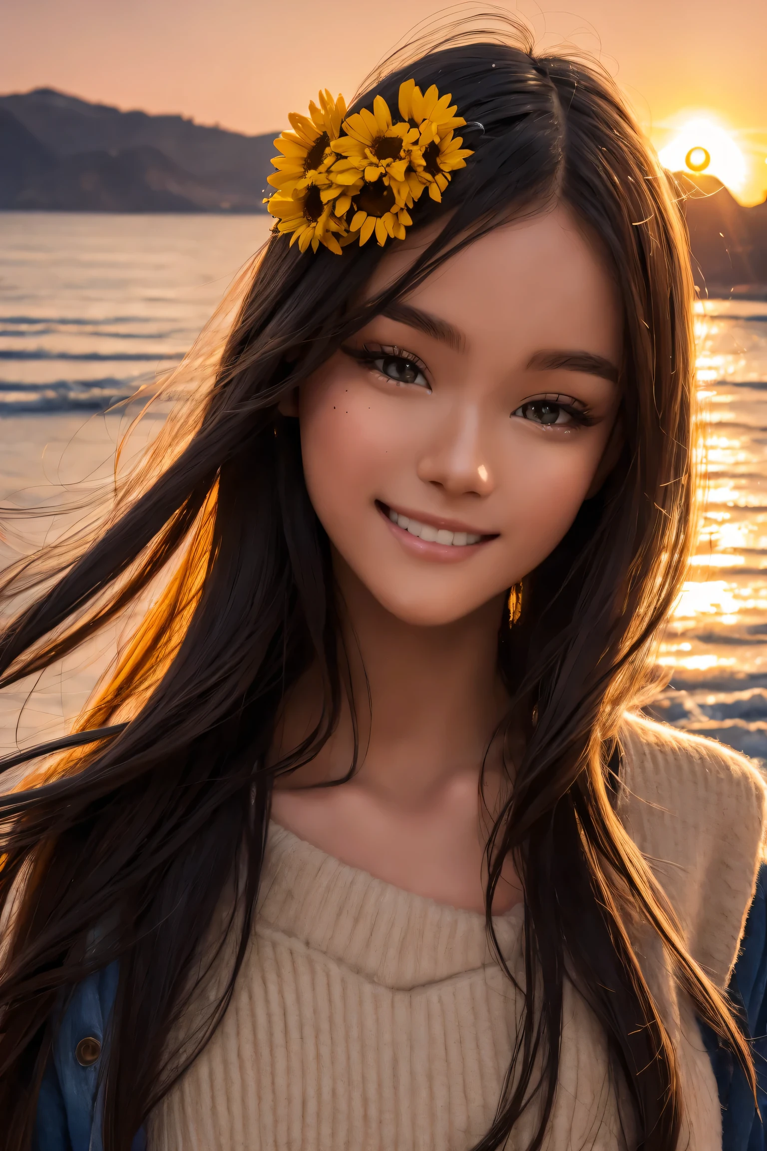best quality, ultra high definition, lifelike:1.4,Sunset sun, girl with flowers on her head,,bright smile, freckle ,black hair, sweater, detailed photograph, film grain, low contrast, face camera, close up (masterpiece: 1.3), (8k, lifelike, best quality: 1.4), ultra high resolution, Surrealism.