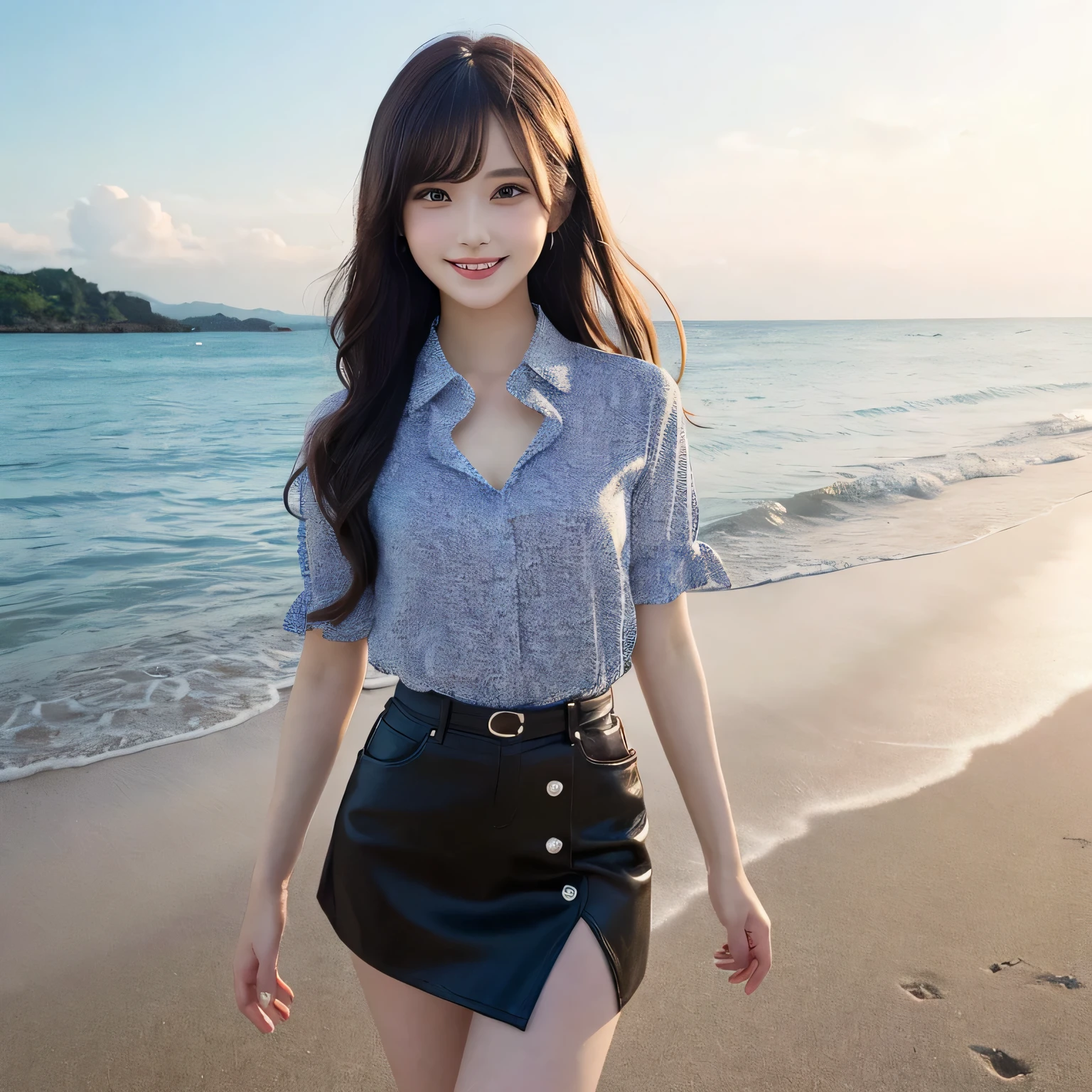 on the table, best quality, illustration, Super detailed, fine details, high resolution, 8k wallpaper, Perfect dynamic composition, Beautiful and delicate eyes,full body photography,show your whole body、collared shirt、mini skirt,thin and transparent、long gray hair, Bold sexy pose,Smile,Harajuku、Huge cleavage,20 year old girl、Above the legs、standing at the beach