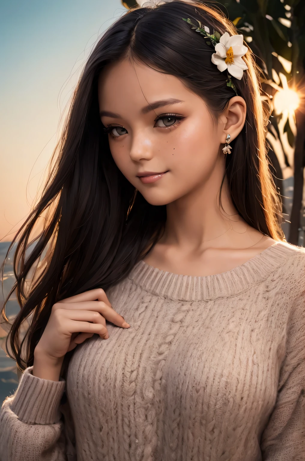 best quality, ultra high definition, lifelike:1.4,Sunset sun, girl with flowers on her head,,bright smile, freckle ,black hair, sweater, detailed photograph, film grain, low contrast, face camera, close up (masterpiece: 1.3), (8k, lifelike, best quality: 1.4), ultra high resolution, Surrealism.