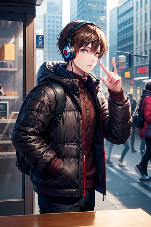 a handsome guy、Winter clothes、brown short hair、long sleeve、headphones、rucksack、in the city、Window Shopping、High resolution、In 8K、sharp focus、zoom、with the best image quality、highest quality