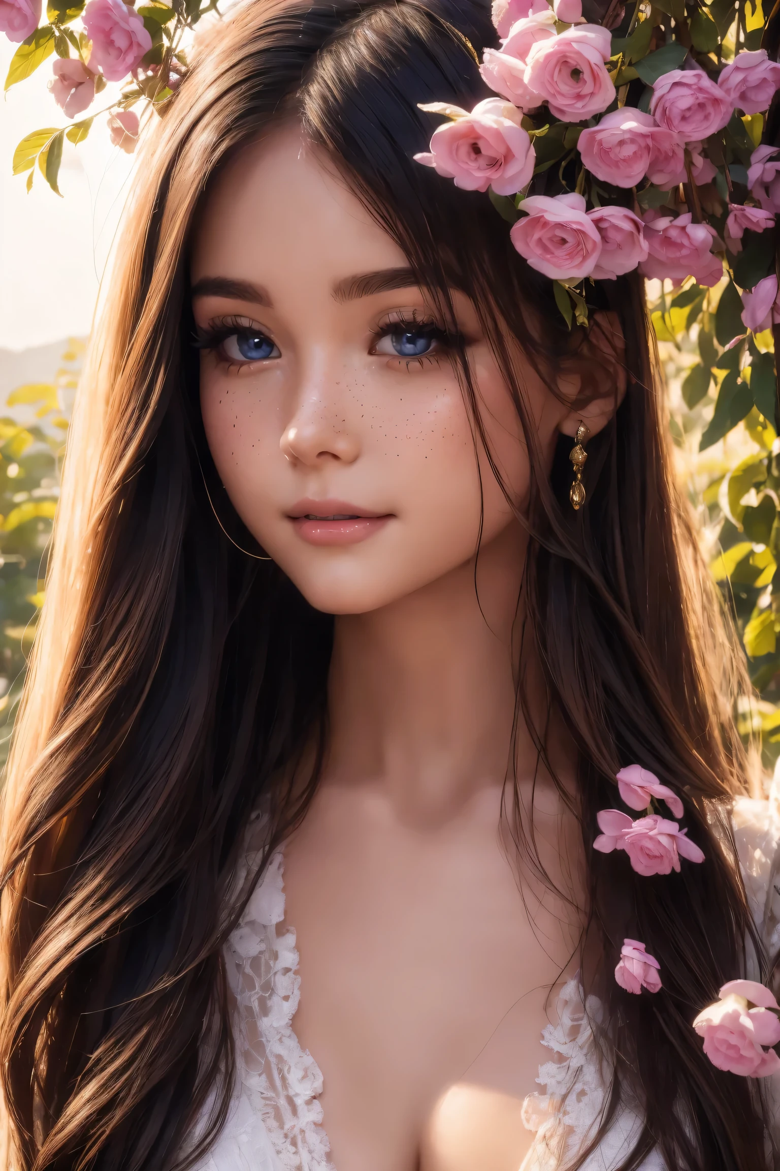 (high quality,4K,8k,high resolution,masterpiece:1.2),Beautiful and delicate eyes,Beautiful and delicate lips,Extremely detailed eyes and face,long eyelashes,(portrait:1.1),Gorgeous,smiling,fashionable,ethereal,Obsessed,fantasy,flowery,fantastic,Beautiful garden setting,soft sunshine,romantic atmosphere,whimsical,Perfectly flowing hair,bright colors,Feminine,fashionable着装,Loving gaze,Beautiful features,Moderate,beautiful,happiness,[freckle],charming,wonderful,carefree,perfect complexion,divine being