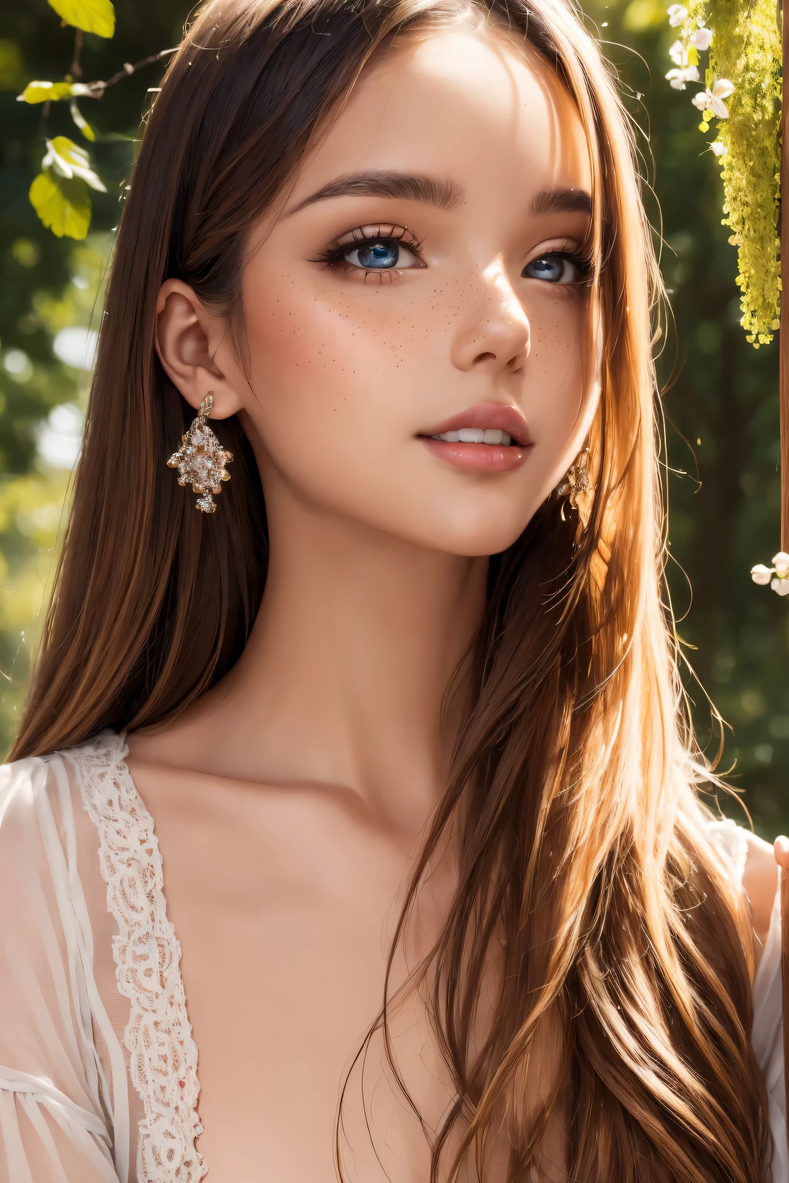 (high quality,4K,8k,high resolution,masterpiece:1.2),Beautiful and delicate eyes,Beautiful and delicate lips,Extremely detailed eyes and face,long eyelashes,(portrait:1.1),Gorgeous,smiling,fashionable,ethereal,Obsessed,fantasy,flowery,fantastic,Beautiful garden setting,soft sunshine,romantic atmosphere,whimsical,Perfectly flowing hair,bright colors,Feminine,fashionable着装,Loving gaze,Beautiful features,Moderate,beautiful,happiness,[freckle],charming,wonderful,carefree,perfect complexion,divine being