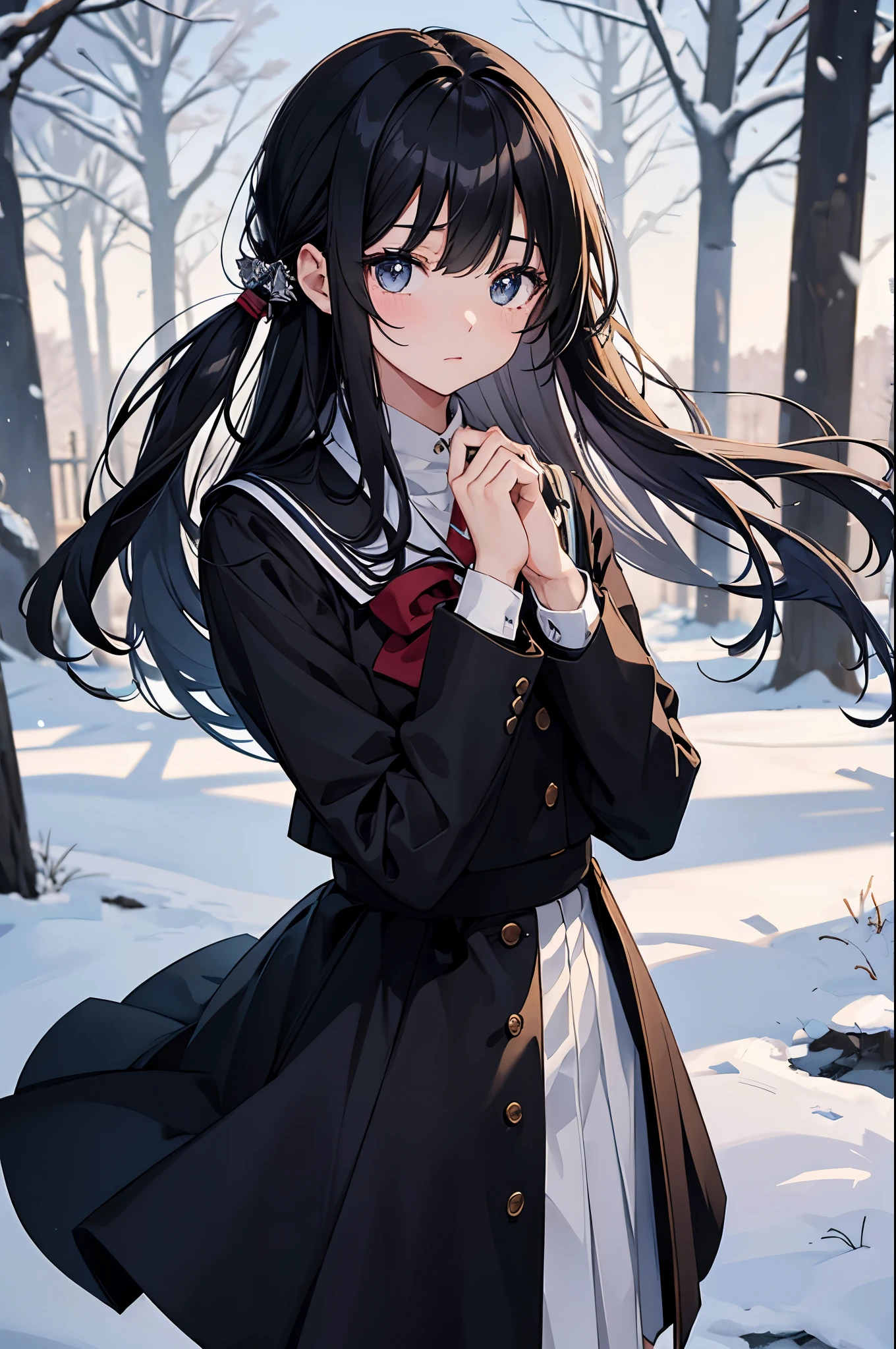 meek、black hair、tall、uniform、back end、cold、boring、winter、Fluttering hair、Elaborate fingers、high school student、skirt