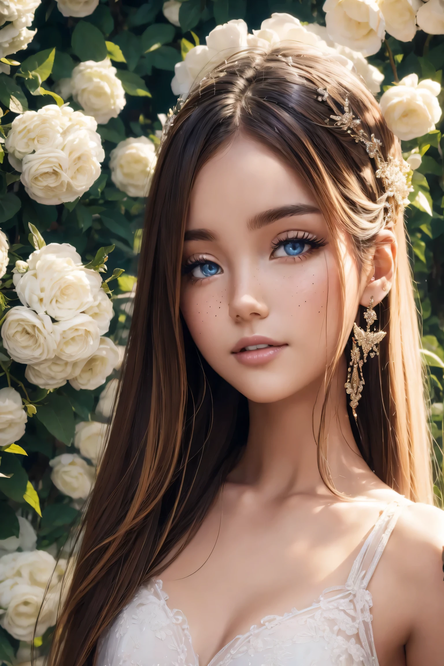 (high quality,4K,8k,high resolution,masterpiece:1.2),Beautiful and delicate eyes,Beautiful and delicate lips,Extremely detailed eyes and face,long eyelashes,(portrait:1.1),Gorgeous,smiling,fashionable,ethereal,Obsessed,fantasy,flowery,fantastic,Beautiful garden setting,soft sunshine,romantic atmosphere,whimsical,Perfectly flowing hair,bright colors,Feminine,fashionable着装,Loving gaze,Beautiful features,Moderate,beautiful,happiness,[freckle],charming,wonderful,carefree,perfect complexion,divine being