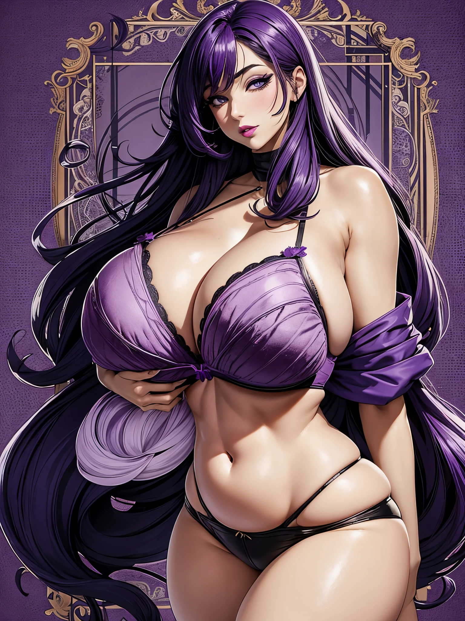 best quality,plump, Purple hair, Light, delicate eyes, Sexy, c-chameleon, hair, long hair,business attire,black,Purple lipstick, purple eyes, (huge_breast:1.8), (wide hips), big ass,(Thick thighs), slim waist, hourglass figure